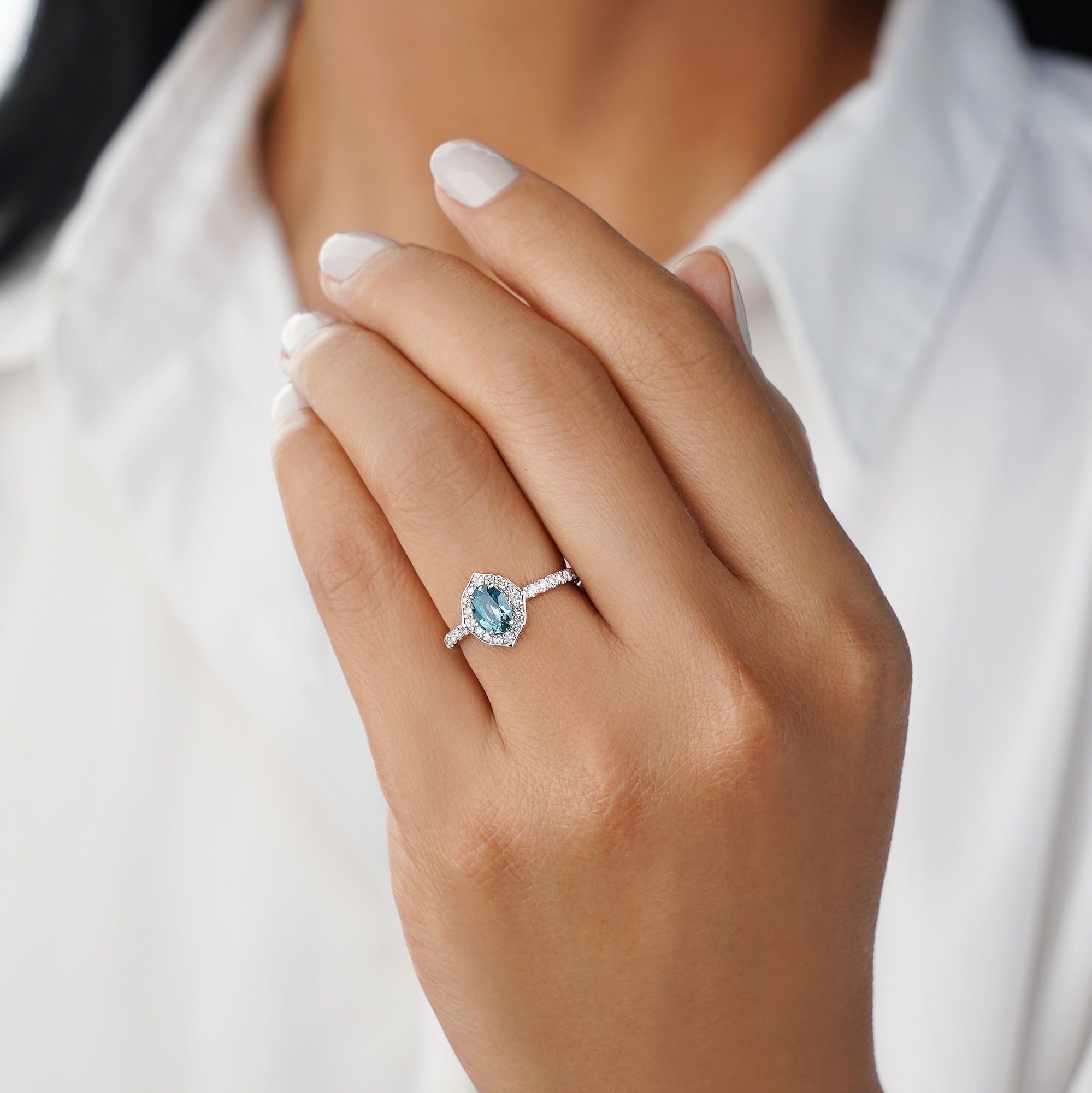 0.9 Carat Oval Teal Sapphire with Halo and 2/3 Pave Shank Lab-Grown Diamond Ring - Solid 14K White Gold | BITS OF BALI JEWELRY