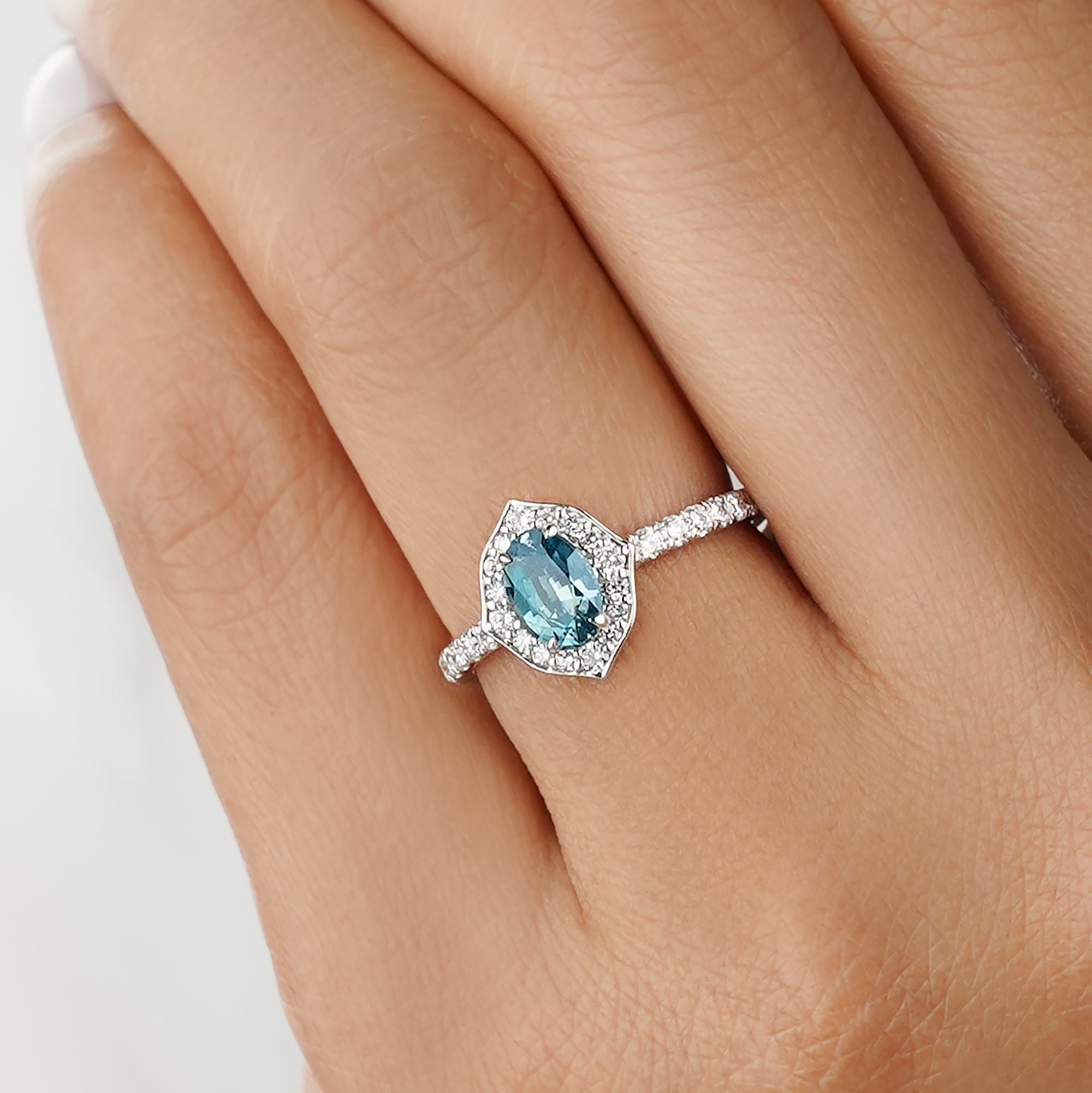0.9 Carat Oval Teal Sapphire with Halo and 2/3 Pave Shank Lab-Grown Diamond Ring - Solid 14K White Gold | BITS OF BALI JEWELRY