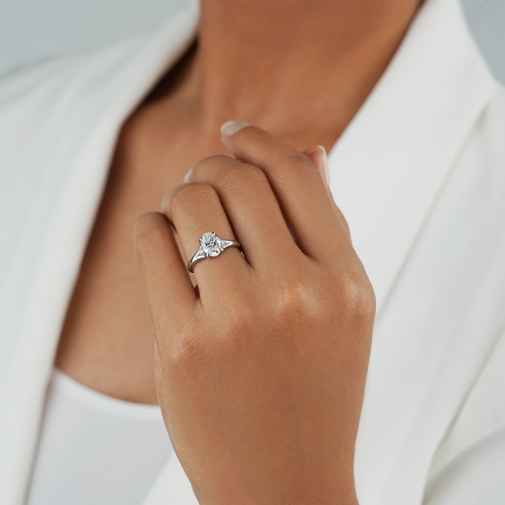 1.48 Carat Oval Diamonds Ring - Solid 14K White Gold