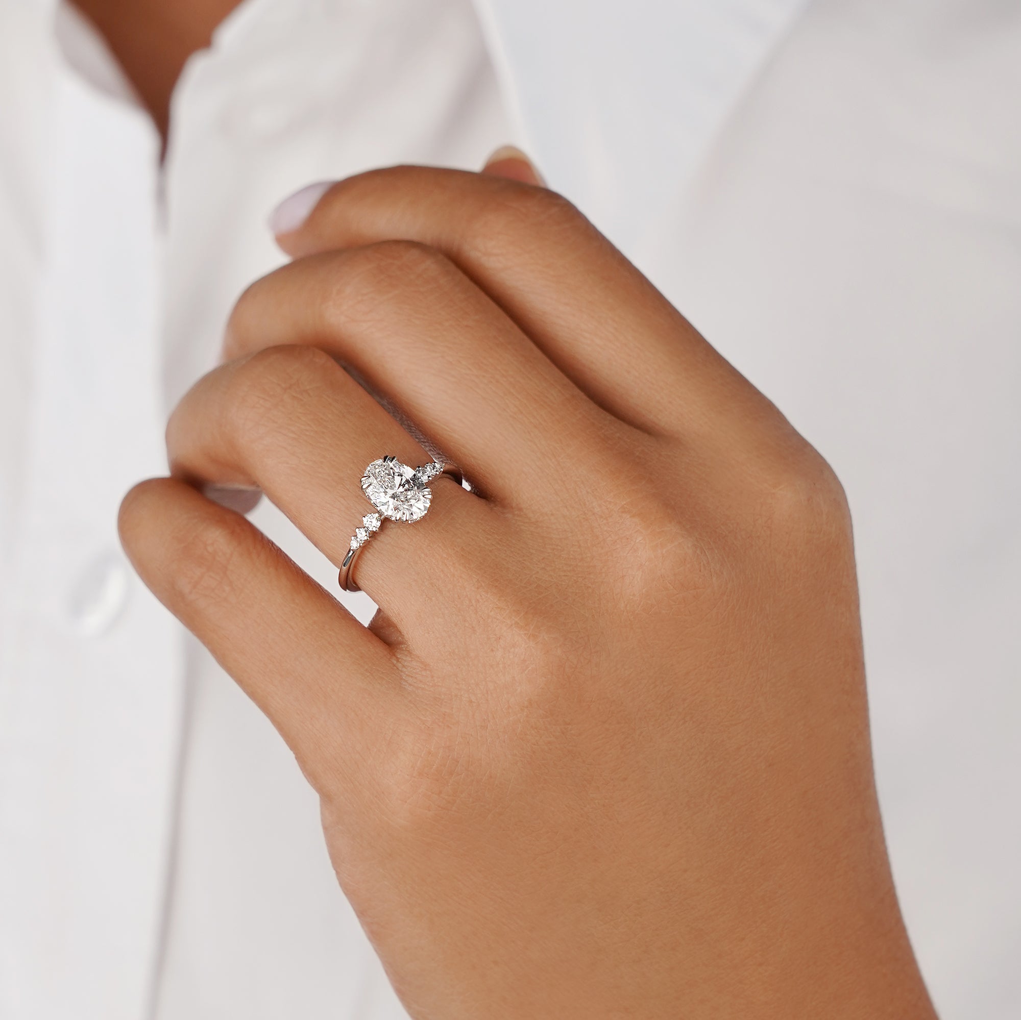 1.96 Carat Oval With Double Prong & Graduated Round Diamond Ring - Solid 14K White Gold