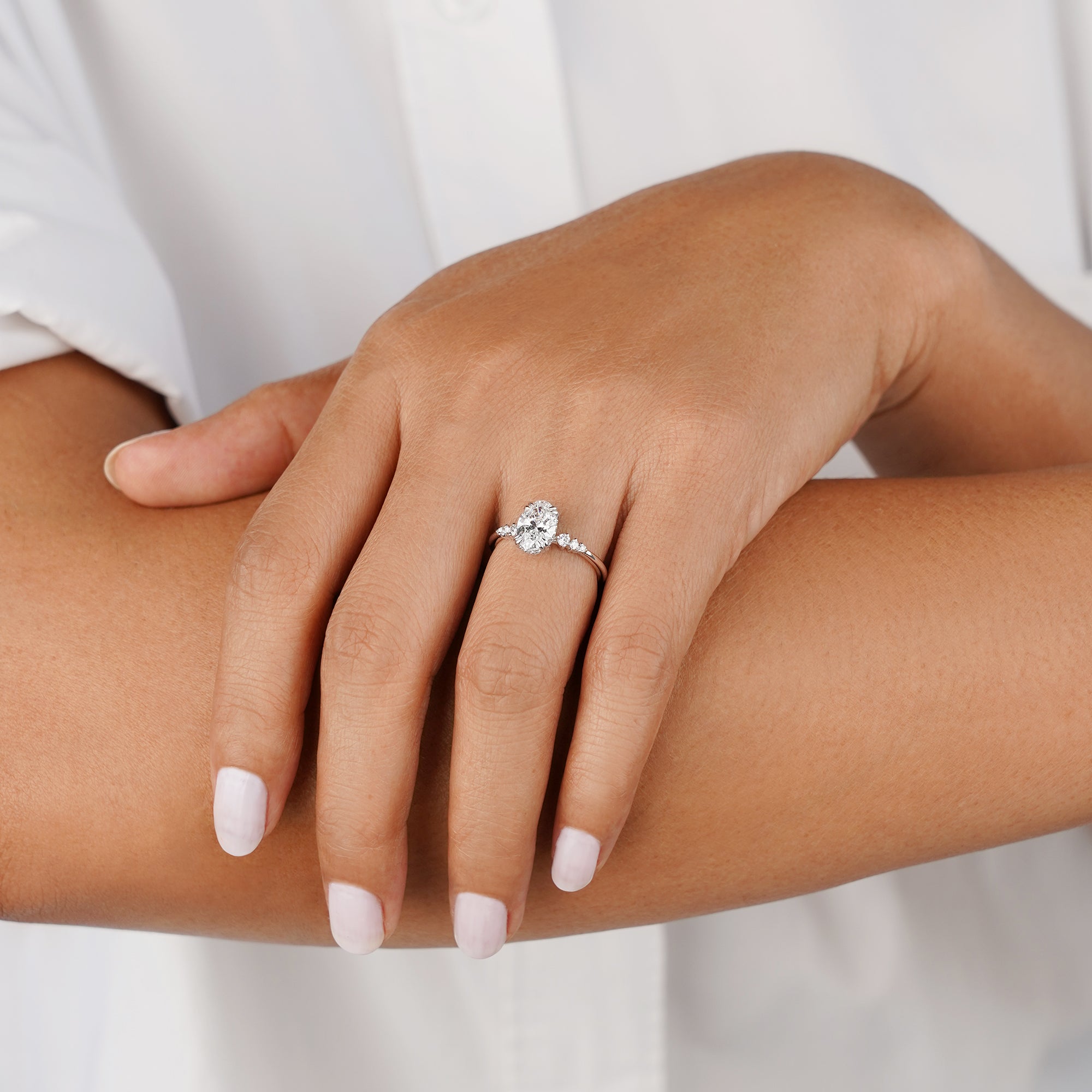 1.96 Carat Oval With Double Prong & Graduated Round Diamond Ring - Solid 14K White Gold