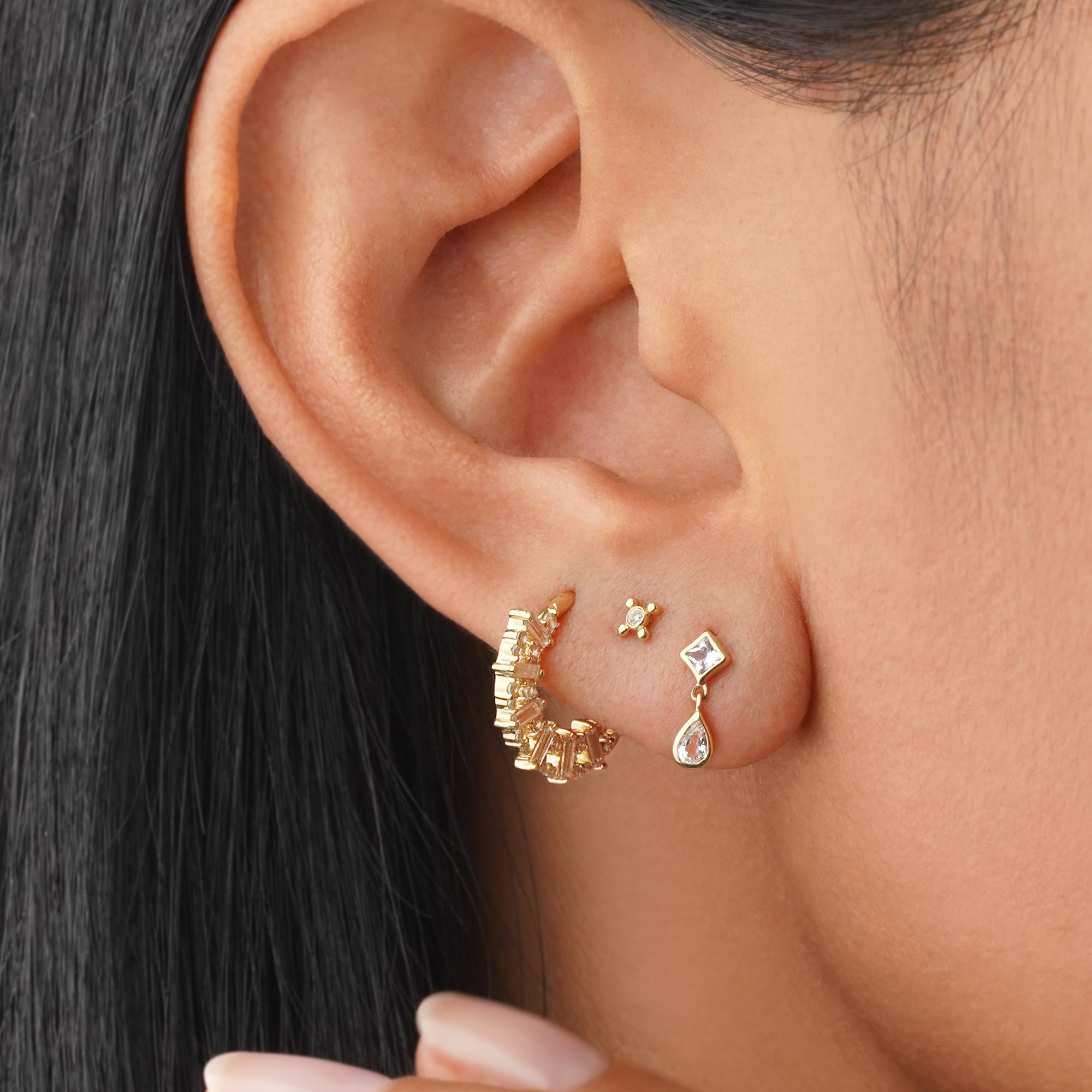 White Sapphire Square and Tear Drop Dangling Flat Back Stud Earring - Solid 14K Yellow Gold