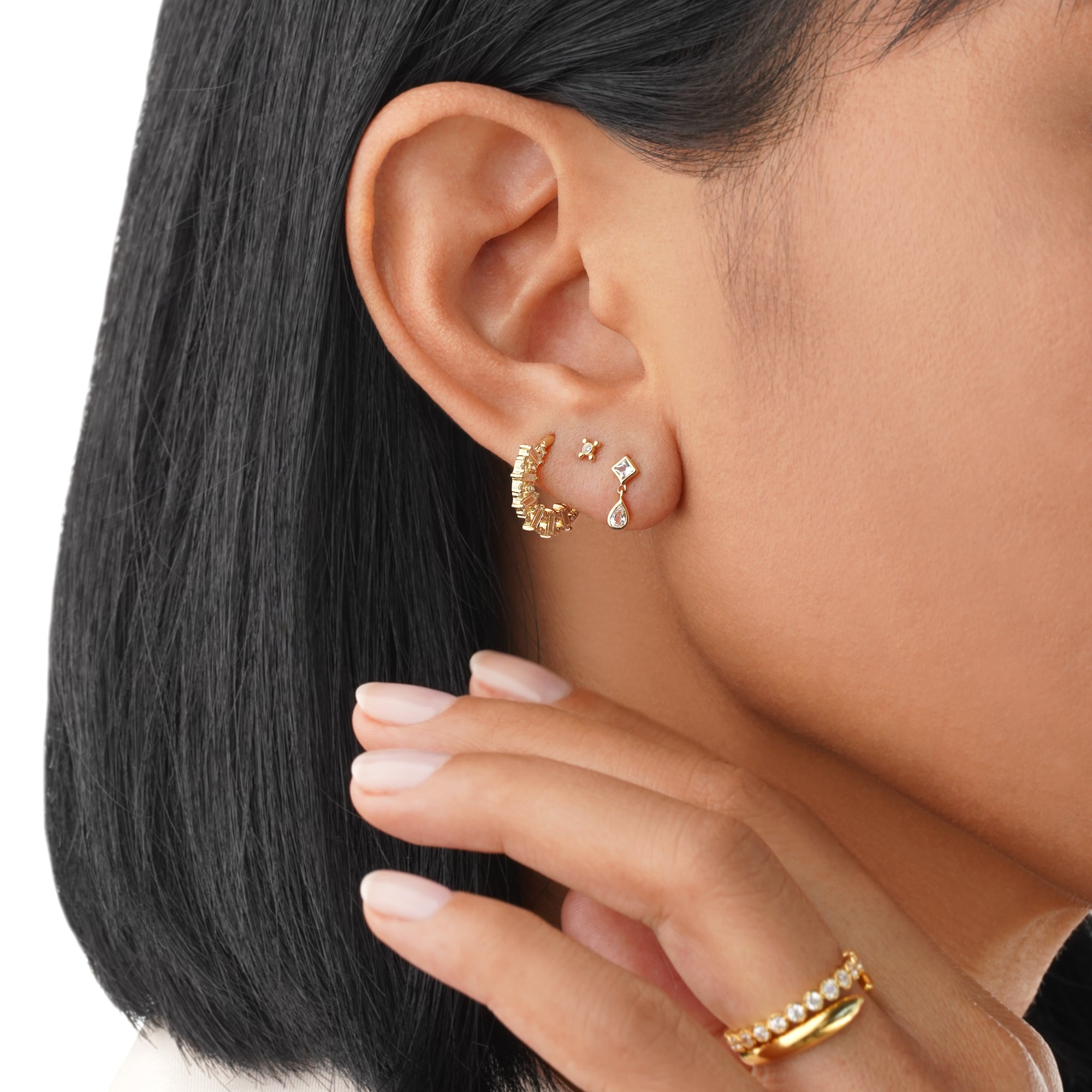 White Sapphire Square and Tear Drop Dangling Flat Back Stud Earring - Solid 14K Yellow Gold