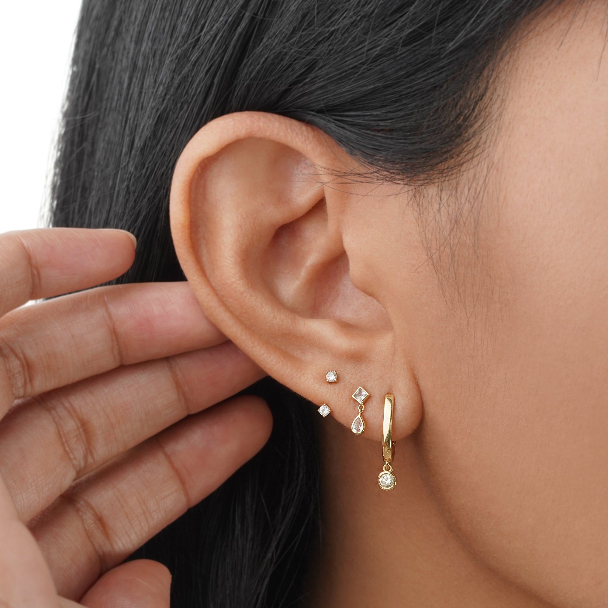 White Sapphire Square and Tear Drop Dangling Flat Back Stud Earring - Solid 14K Yellow Gold