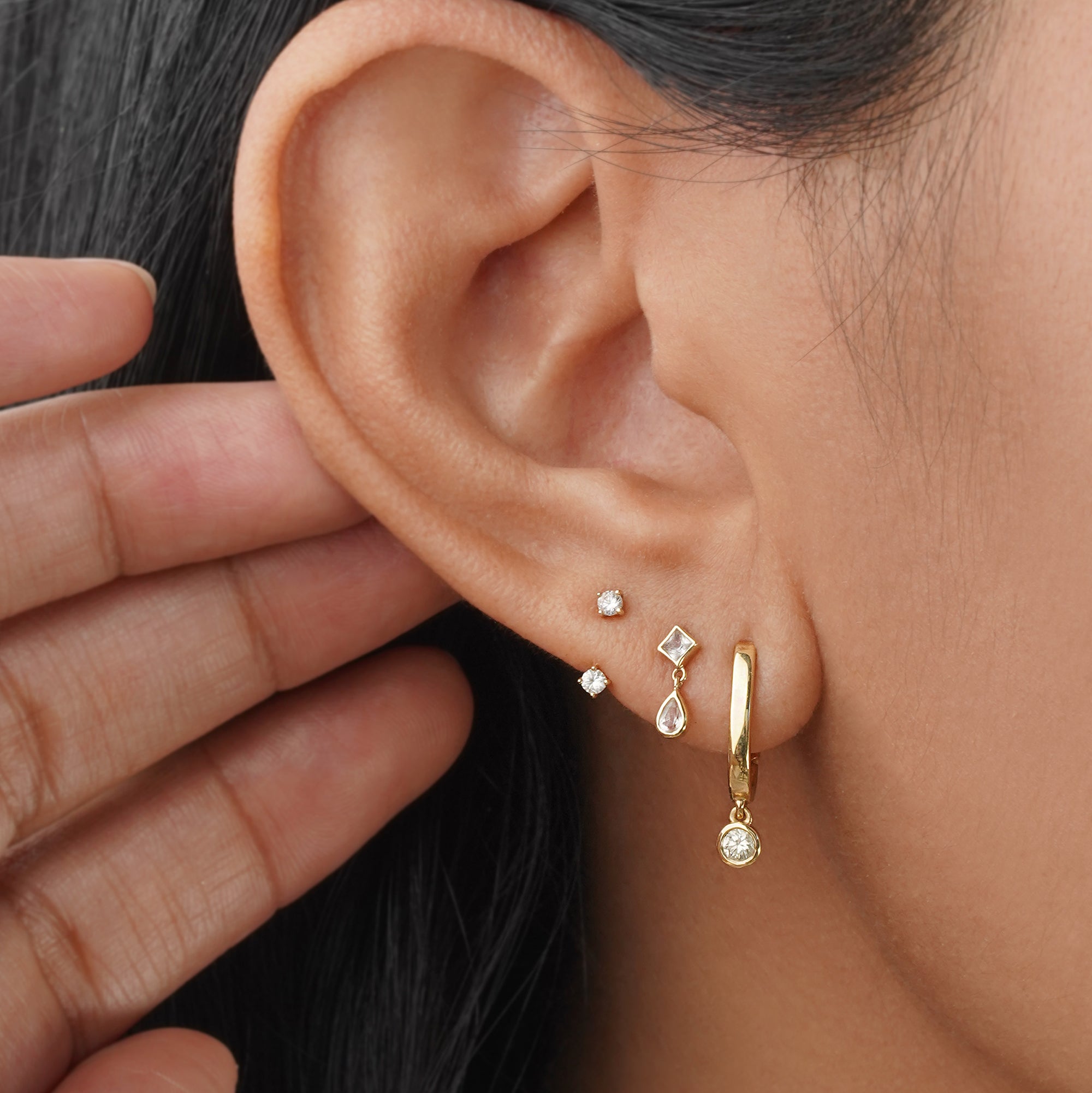White Sapphire Square and Tear Drop Dangling Flat Back Stud Earring - Solid 14K Yellow Gold