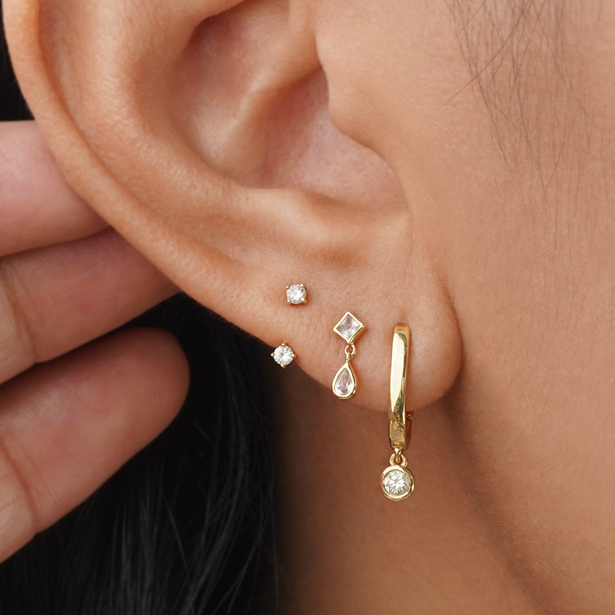 White Sapphire Square and Tear Drop Dangling Flat Back Stud Earring - Solid 14K Yellow Gold