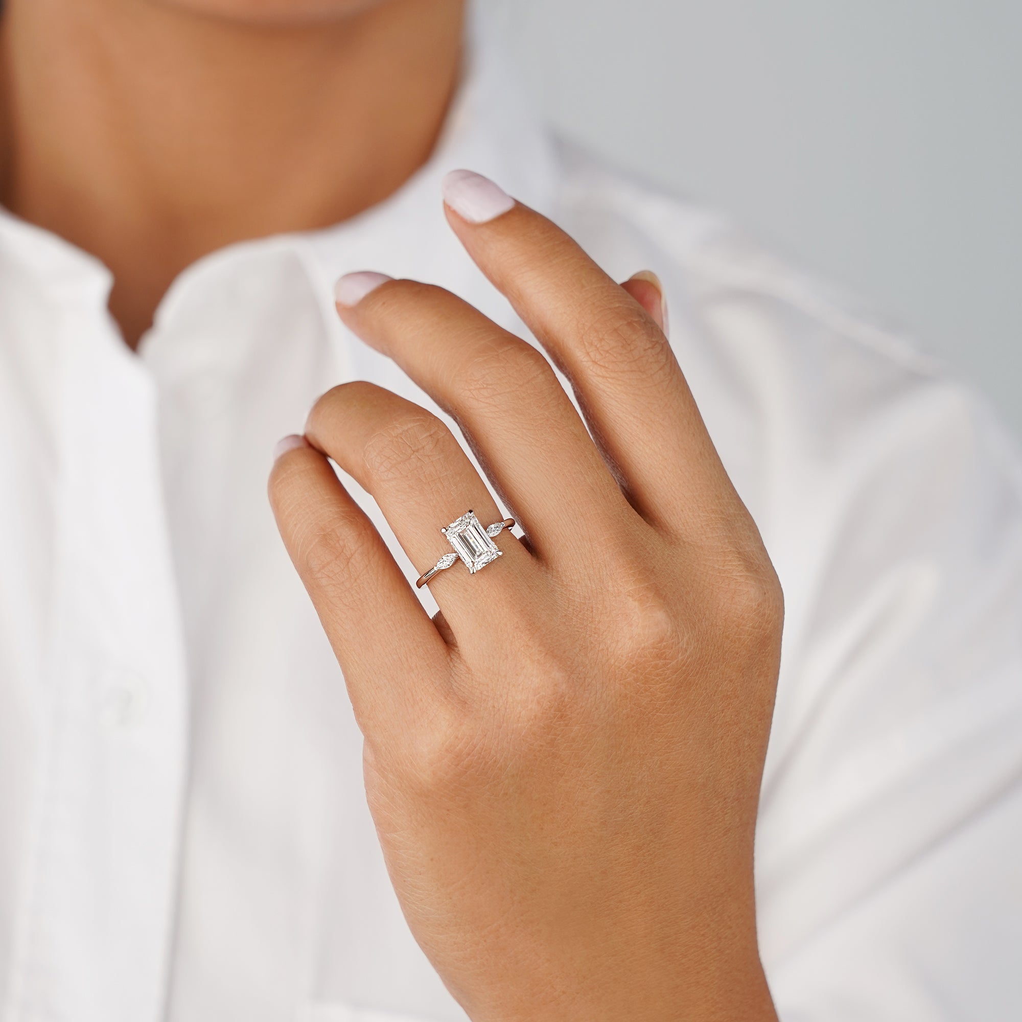 2.17 Carat Emerald-cut With Side Marquise Diamond Ring - Solid 14K White Gold