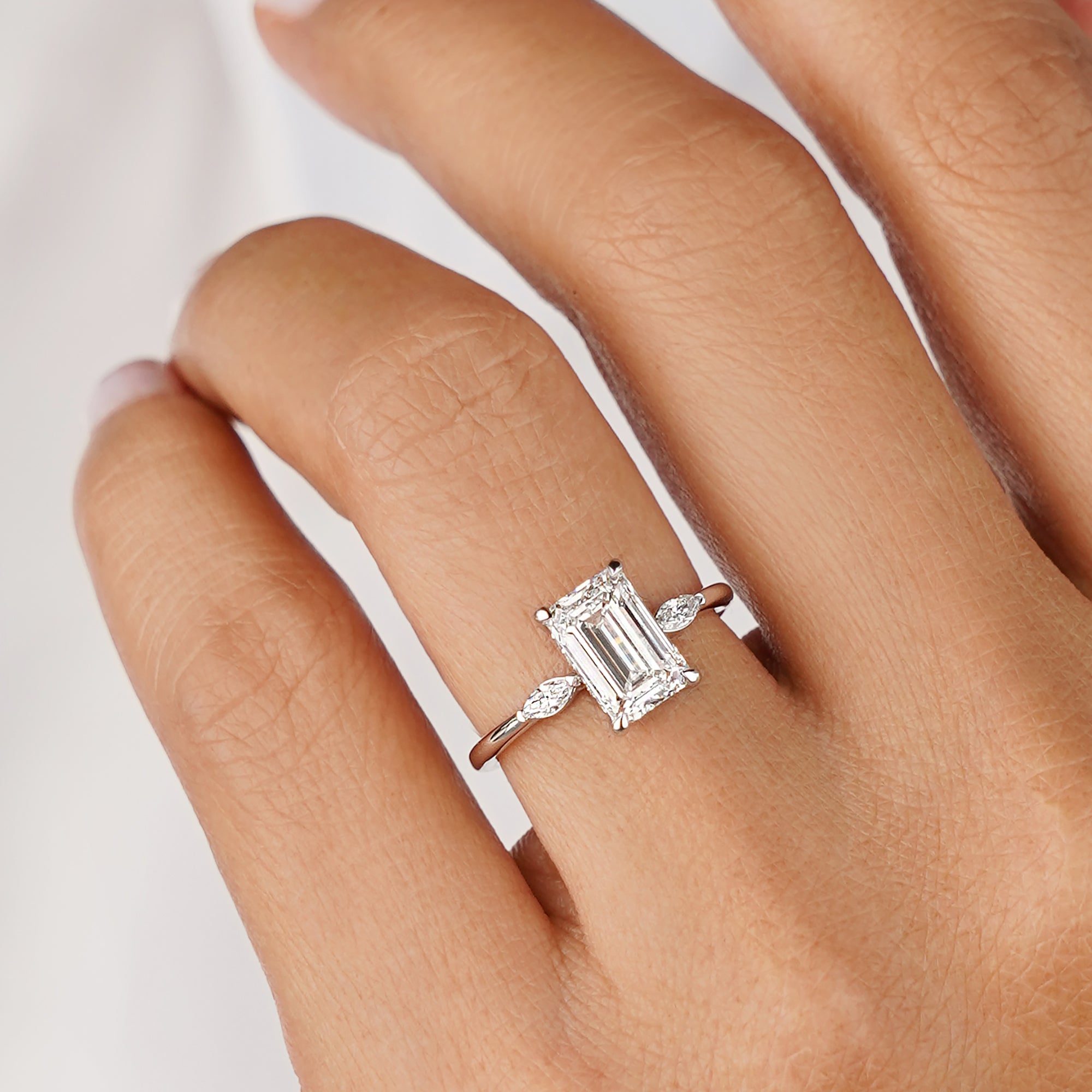 2.17 Carat Emerald-cut With Side Marquise Diamond Ring - Solid 14K White Gold