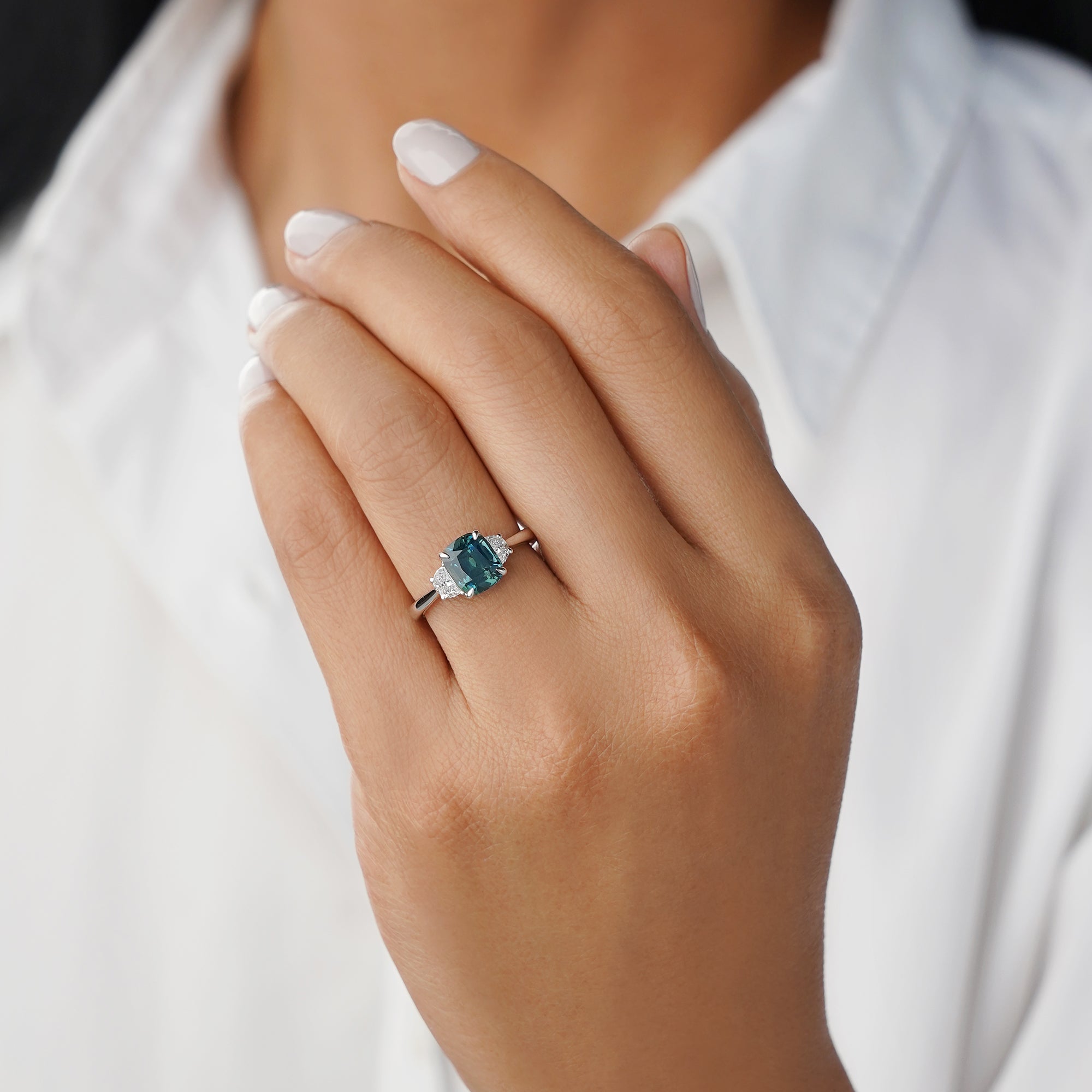 2.55 Ct Elongated Cushion Teal Sapphire with 0.31 Ct Halfmoon Natural Diamond Ring - Solid 14K White Gold