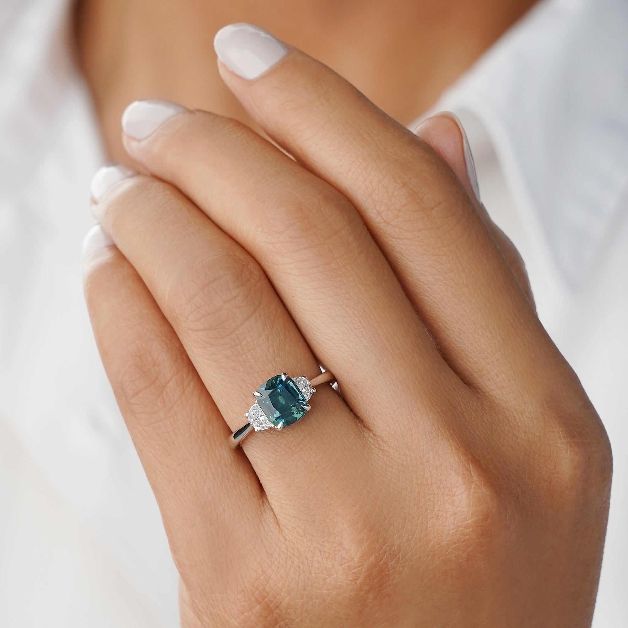 2.55 Ct Elongated Cushion Teal Sapphire with 0.31 Ct Halfmoon Natural Diamond Ring - Solid 14K White Gold