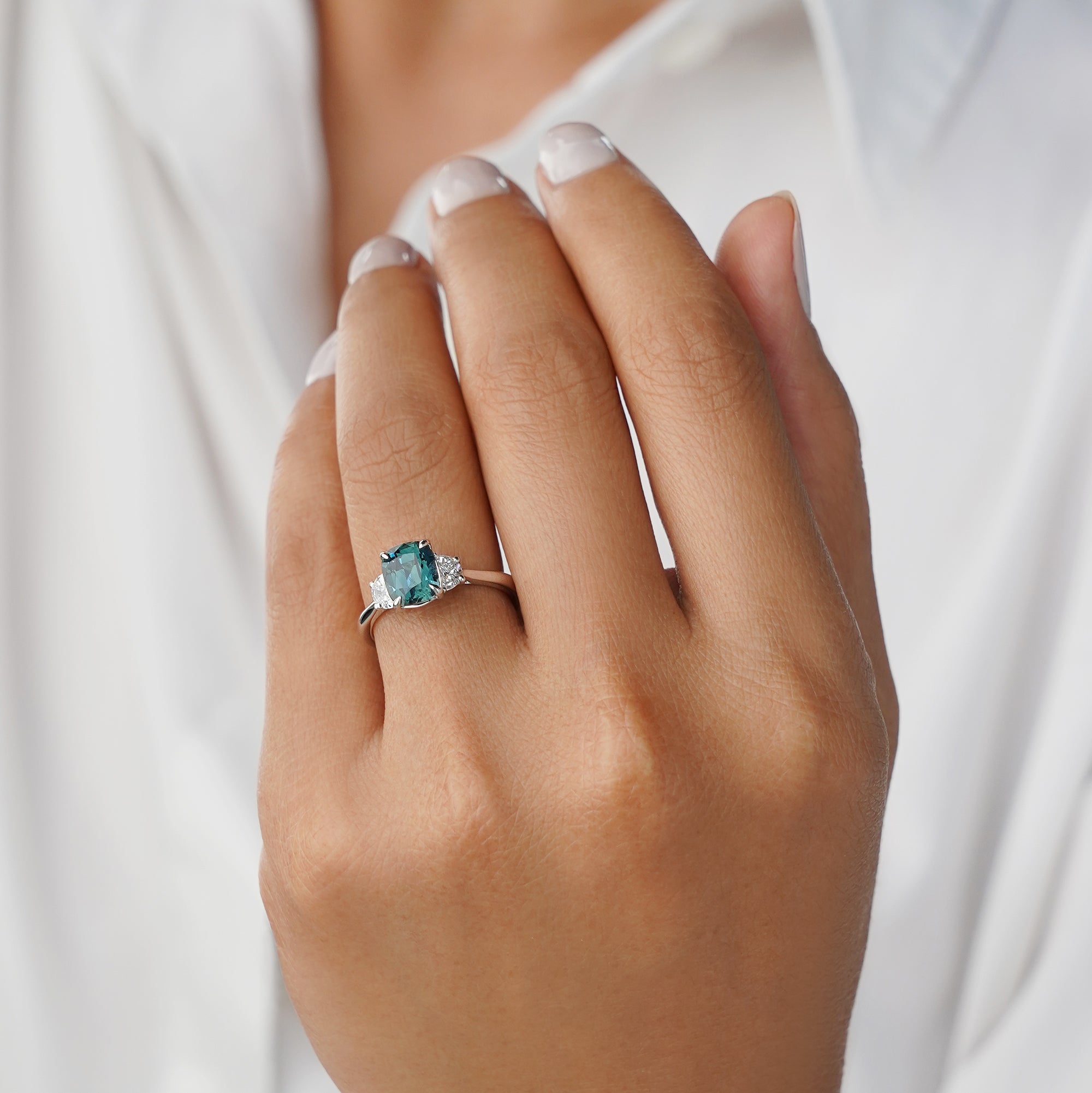 2.55 Ct Elongated Cushion Teal Sapphire with 0.31 Ct Halfmoon Natural Diamond Ring - Solid 14K White Gold