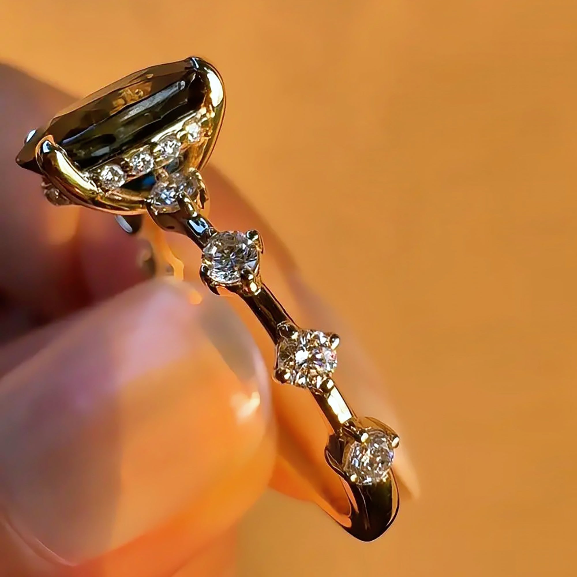 2.56 Carat Oval Parti Sapphire with Distance Lab-grown Diamond Ring - Solid 14K Yellow Gold | BITS OF BALI JEWELRY