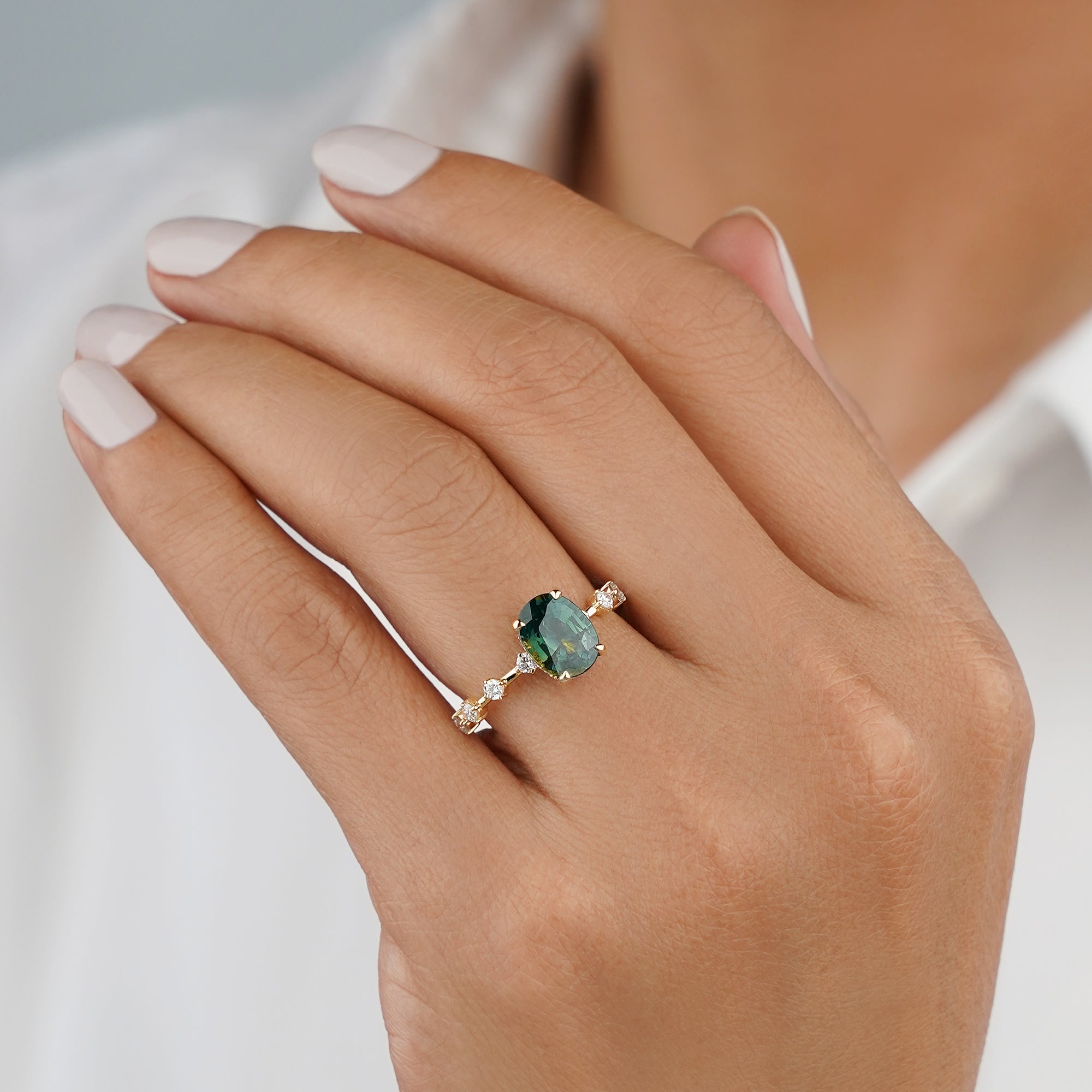 2.56 Carat Oval Parti Sapphire with Distance Lab-grown Diamond Ring - Solid 14K Yellow Gold | BITS OF BALI JEWELRY