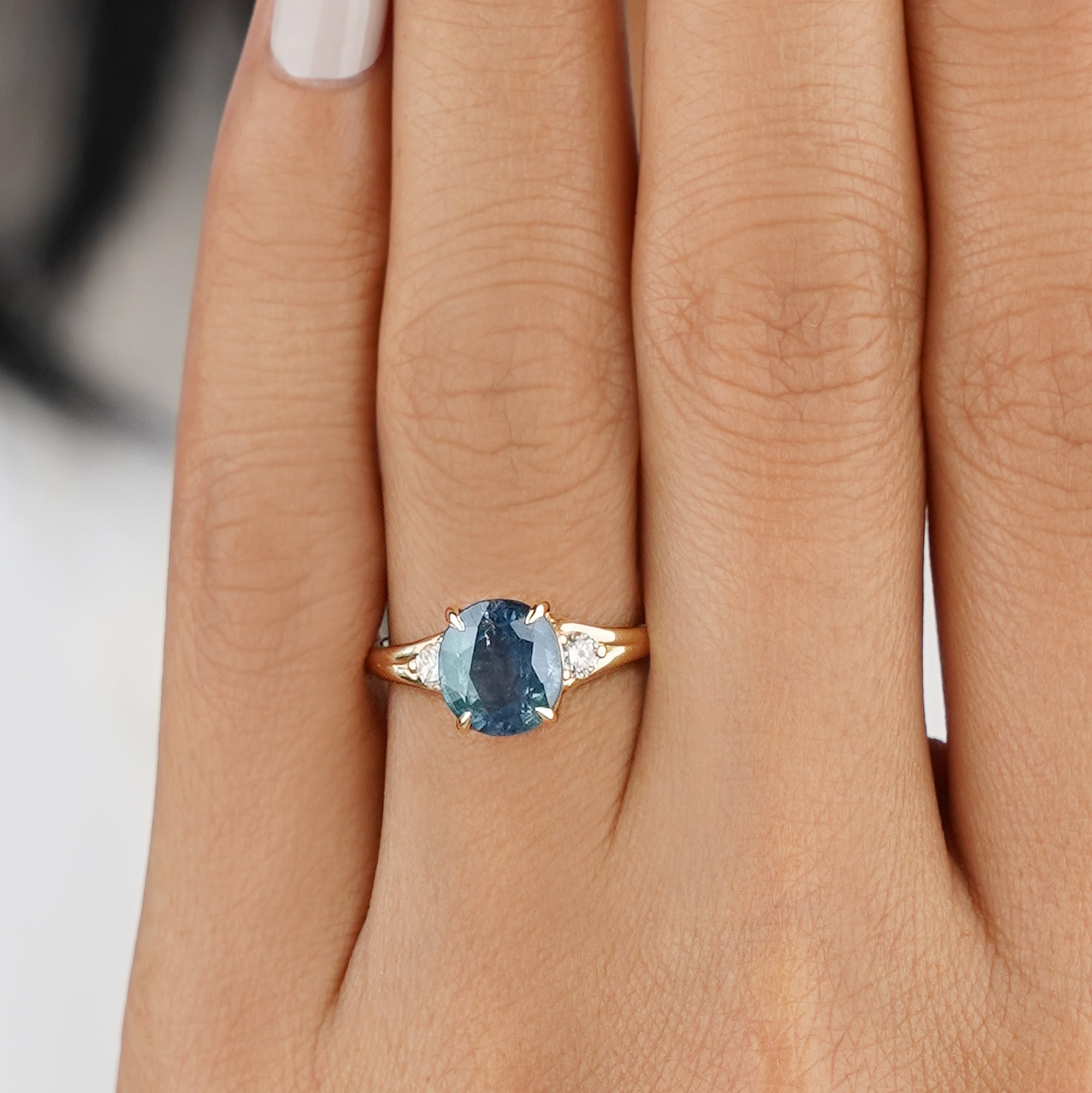 3.9 Carat Oval Teal Sapphire Ring - Double Shank with 3mm Natural Diamond - Solid 14K Yellow Gold
