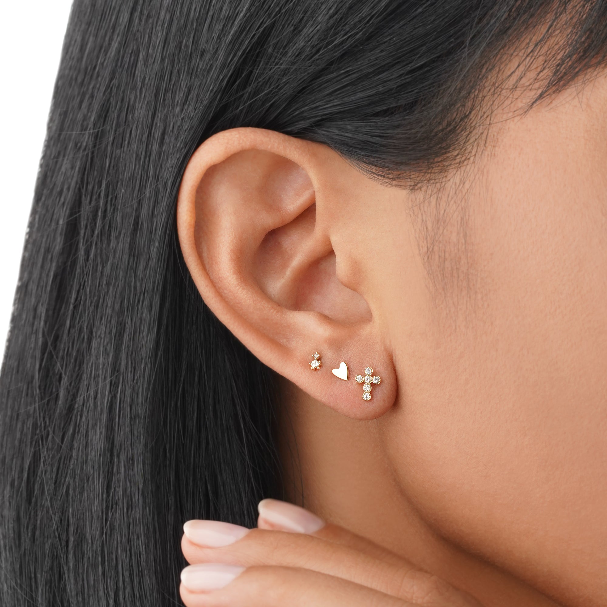 White Topaz Square and Round Flat Back Stud Earring - Solid 14K Yellow Gold | BITS OF BALI JEWELRY