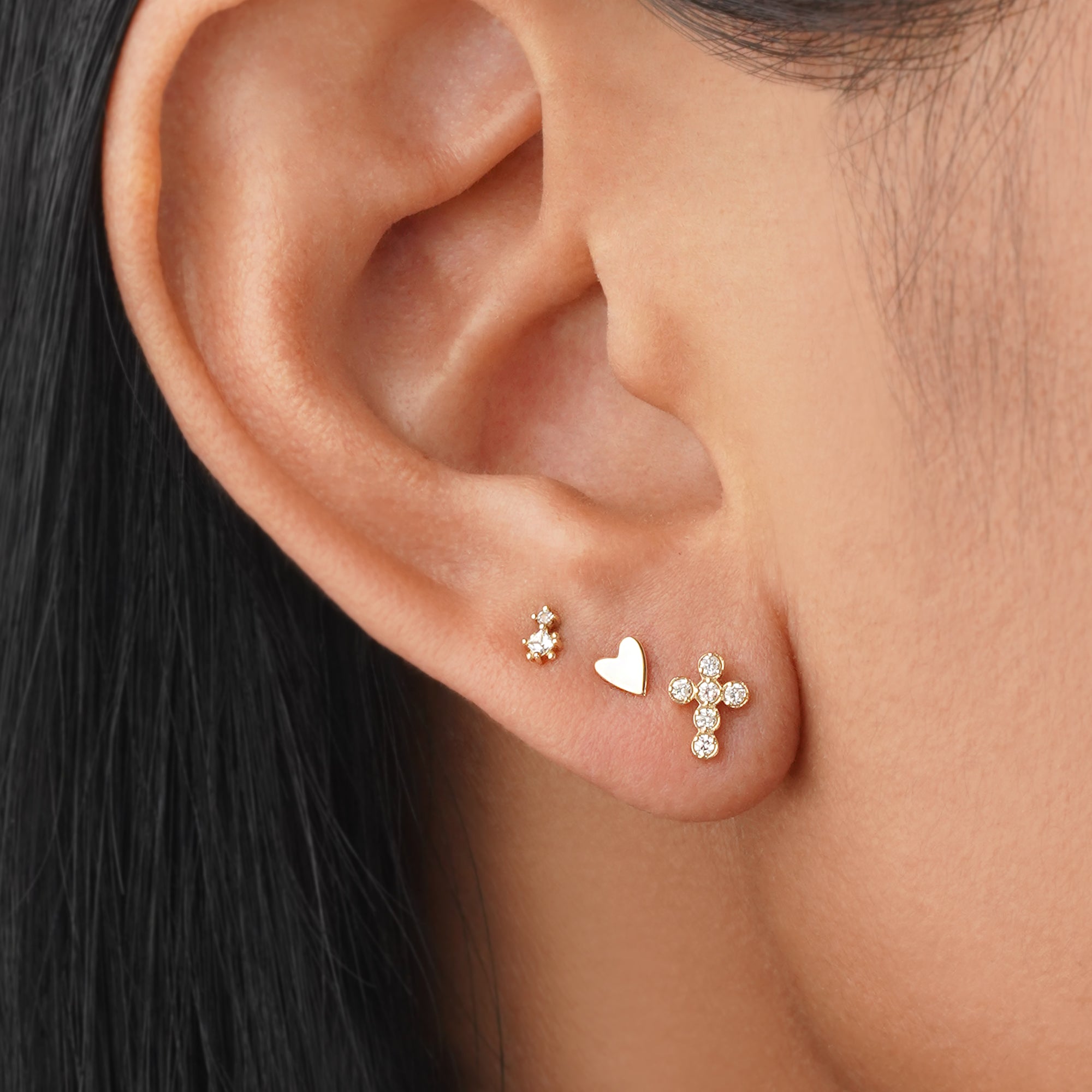 White Topaz Square and Round Flat Back Stud Earring - Solid 14K Yellow Gold | BITS OF BALI JEWELRY