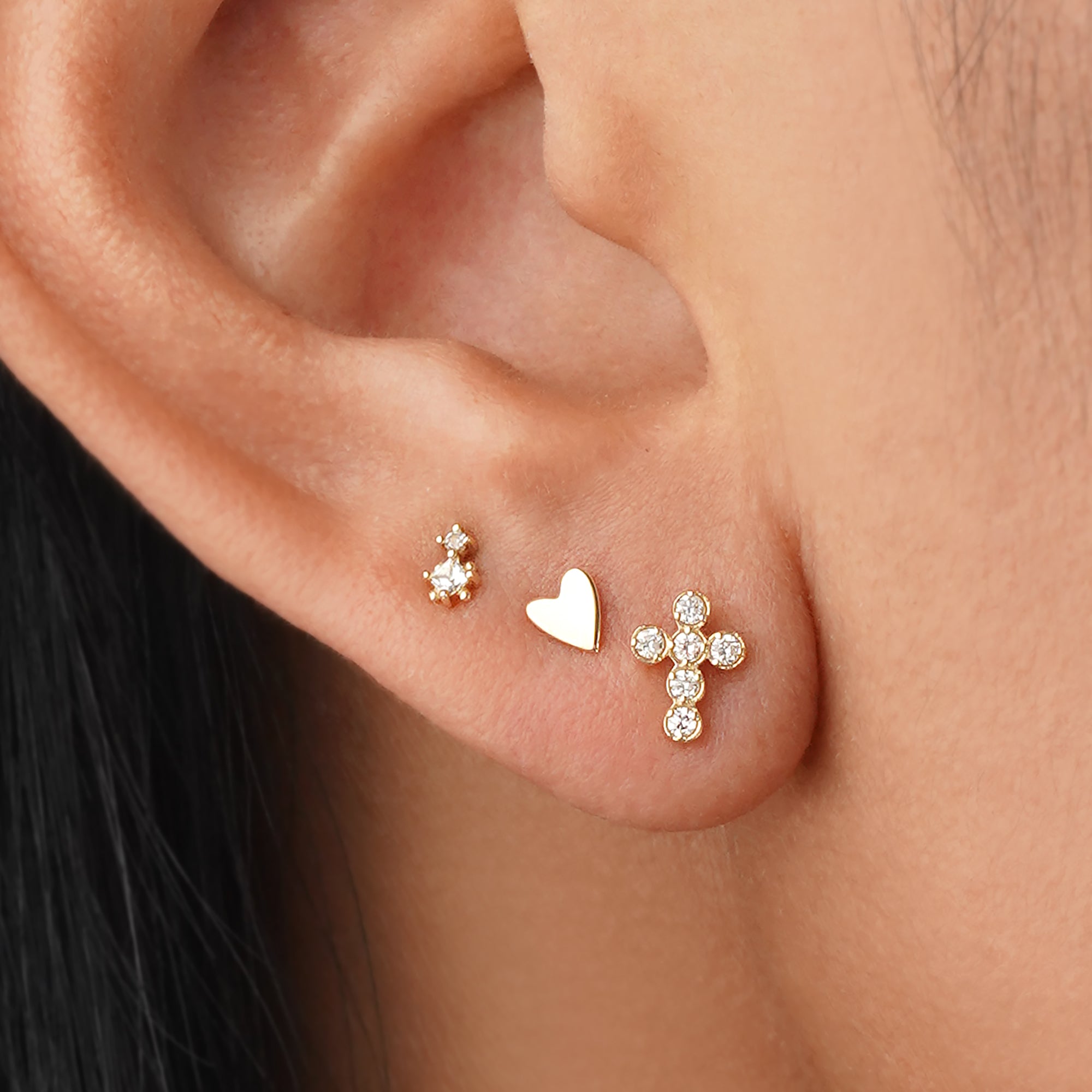 White Topaz Square and Round Flat Back Stud Earring - Solid 14K Yellow Gold | BITS OF BALI JEWELRY