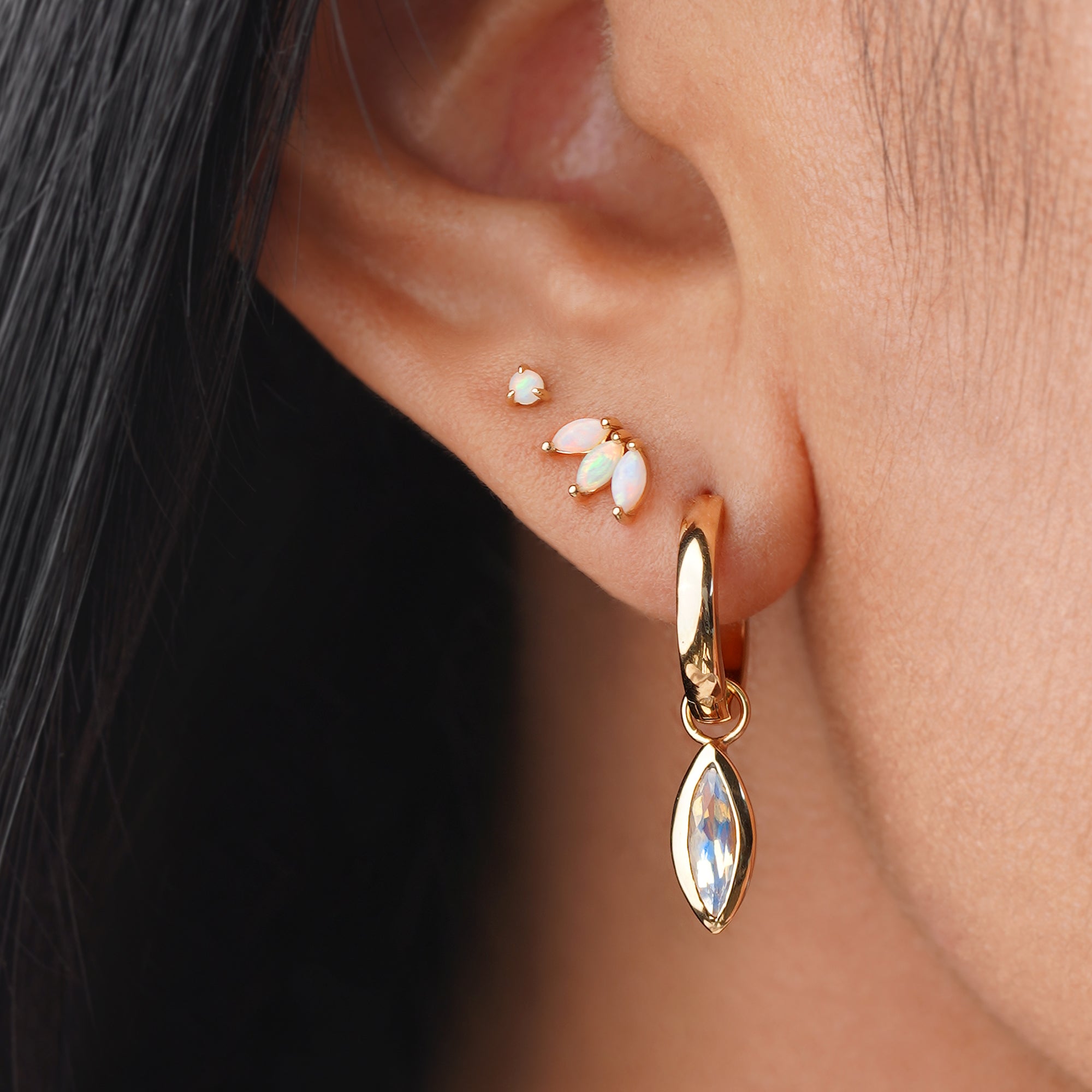 Trio Marquise Opal Gold Flat Back Stud Earring - Solid 14K Yellow Gold | BITS OF BALI JEWELRY