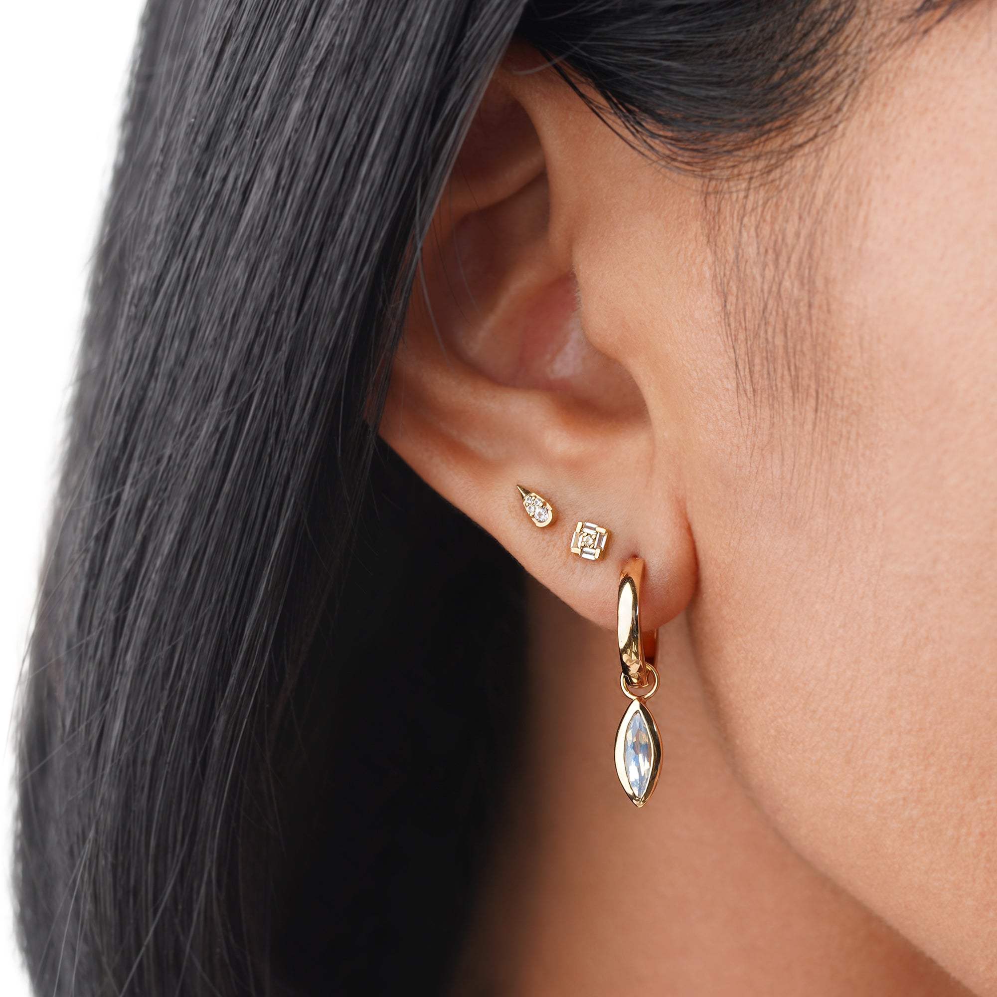 White Topaz Square Illusion Flat Back Stud Earring - Solid 14K Yellow Gold | BITS OF BALI JEWELRY