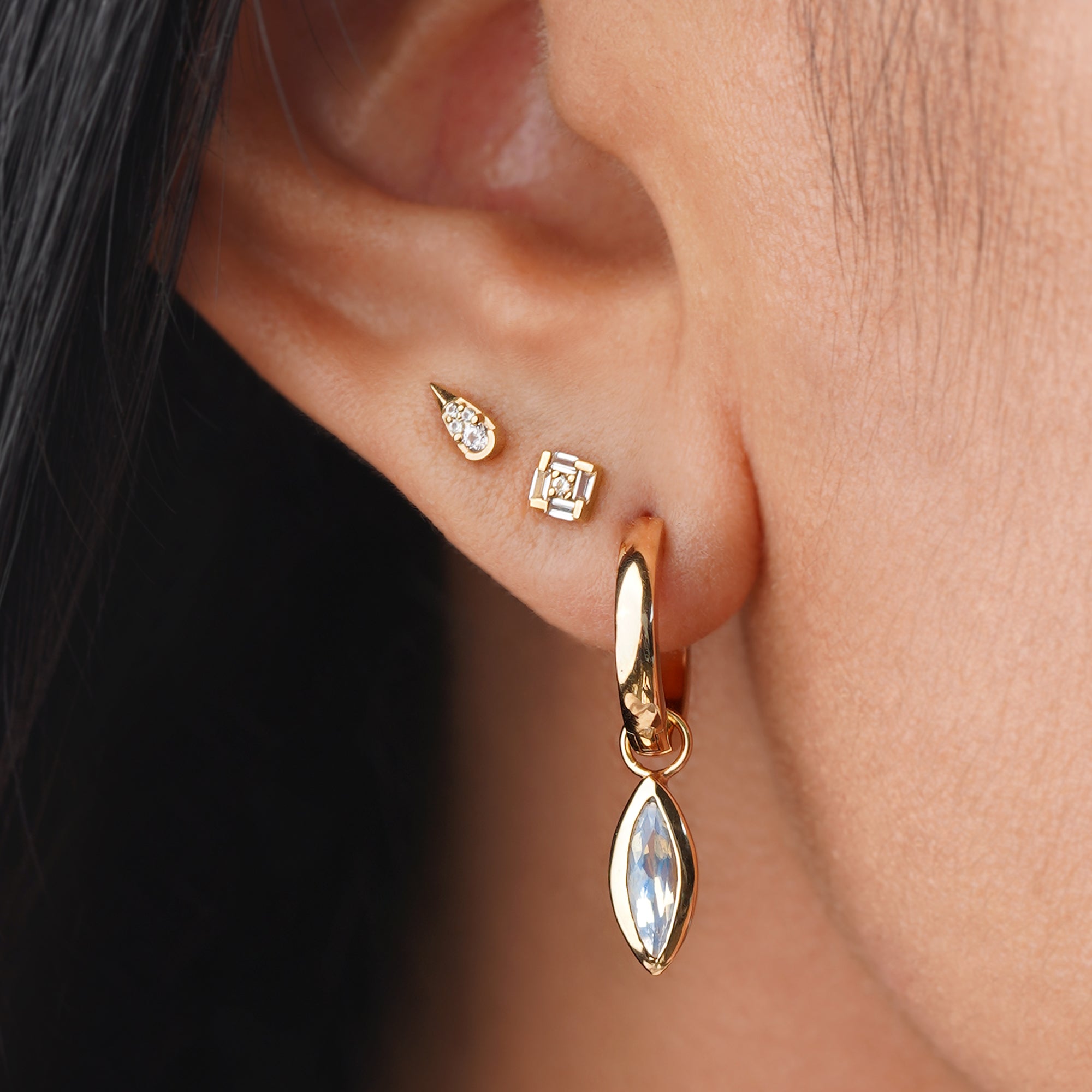 White Topaz Square Illusion Flat Back Stud Earring - Solid 14K Yellow Gold | BITS OF BALI JEWELRY