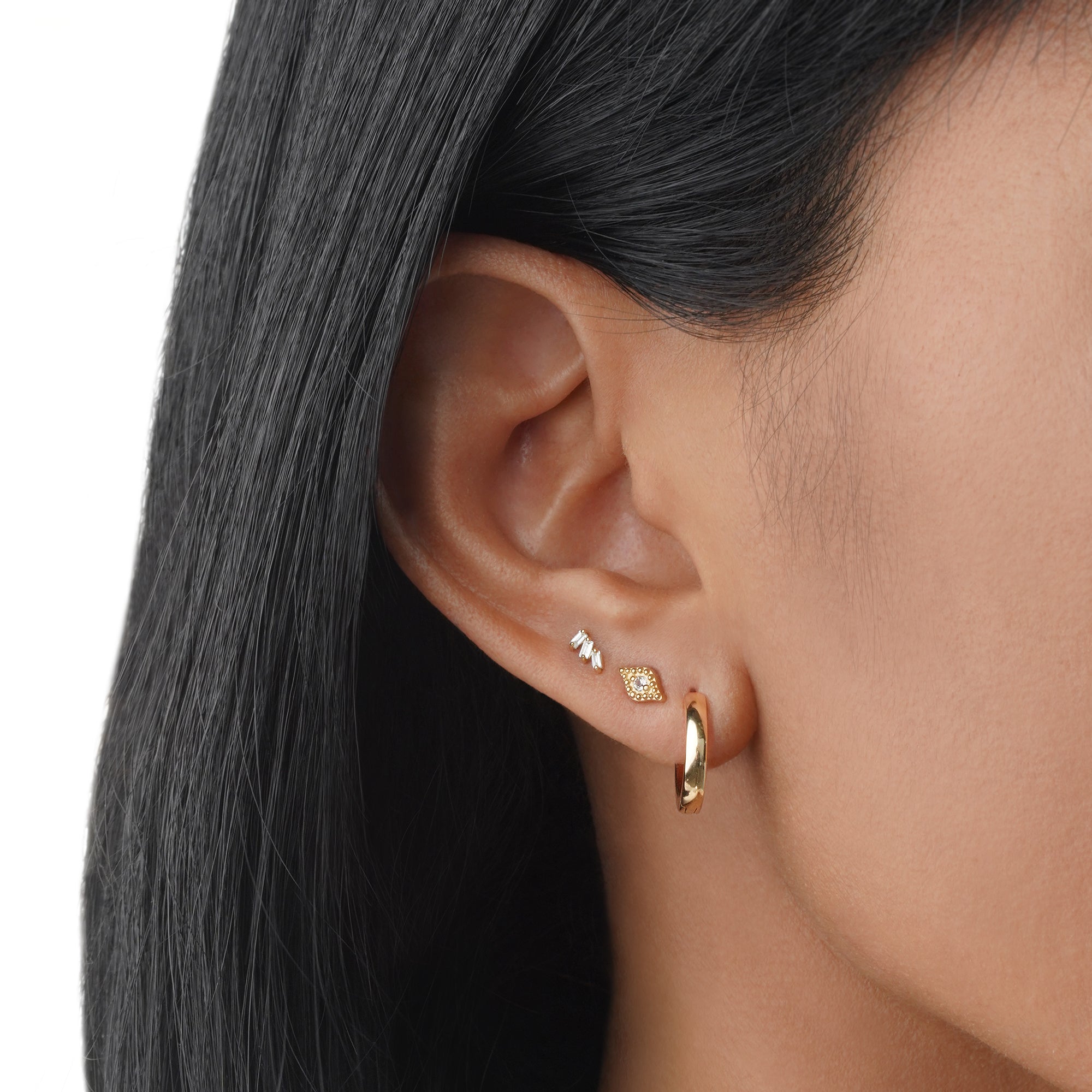 Trio Baguette Diamond Flat Back Stud Earring - Solid 14K Yellow Gold