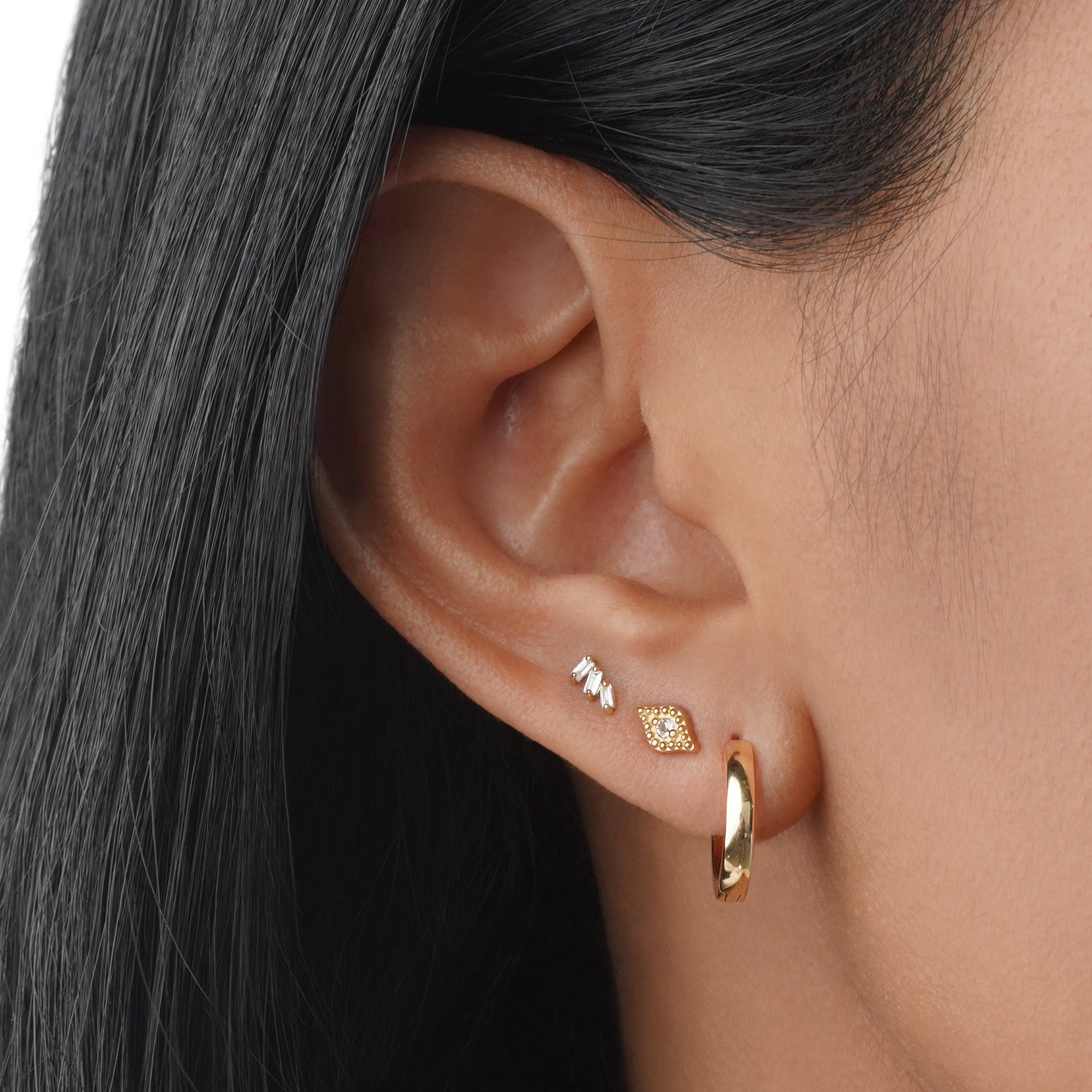 Trio Baguette Diamond Flat Back Stud Earring - Solid 14K Yellow Gold