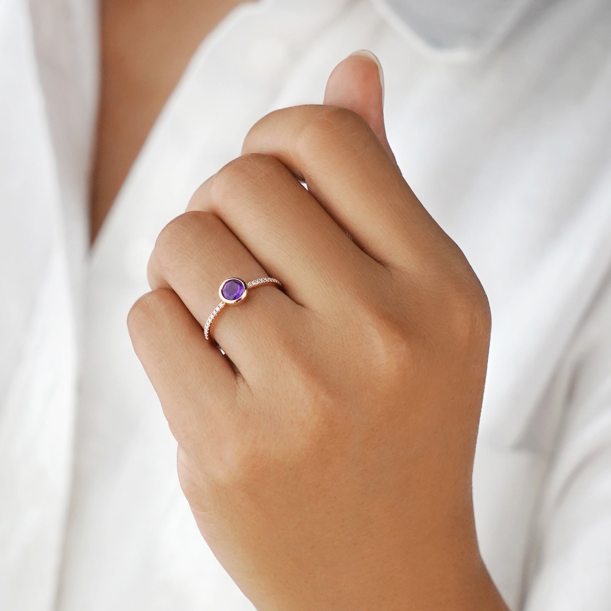 Purple Amethyst & Natural Diamond Ring - Solid 14k Rose Gold | BITS OF BALI JEWELRY