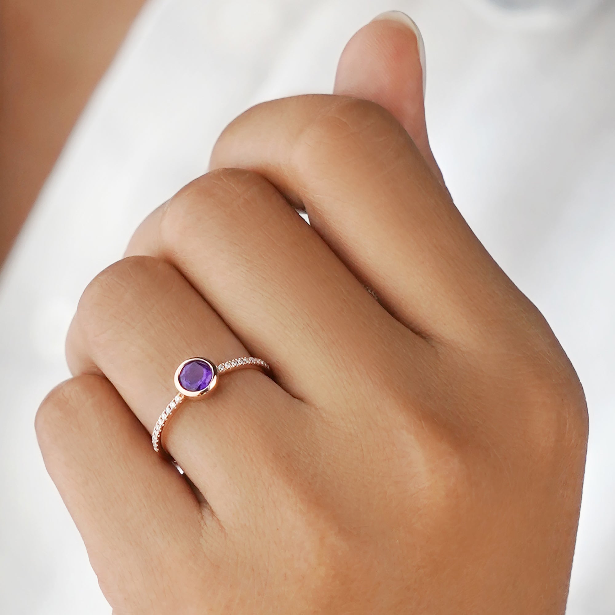 Purple Amethyst & Natural Diamond Ring - Solid 14k Rose Gold | BITS OF BALI JEWELRY