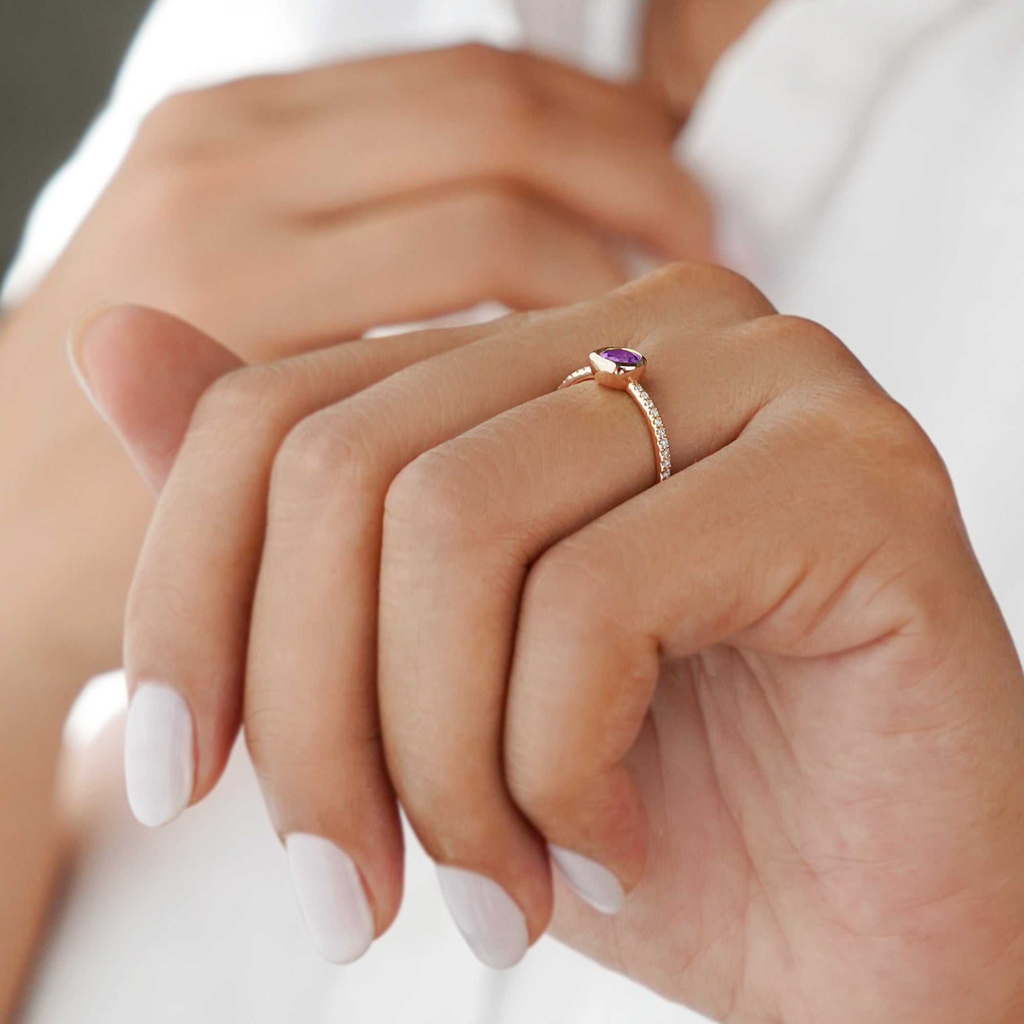 Purple Amethyst & Natural Diamond Ring - Solid 14k Rose Gold | BITS OF BALI JEWELRY