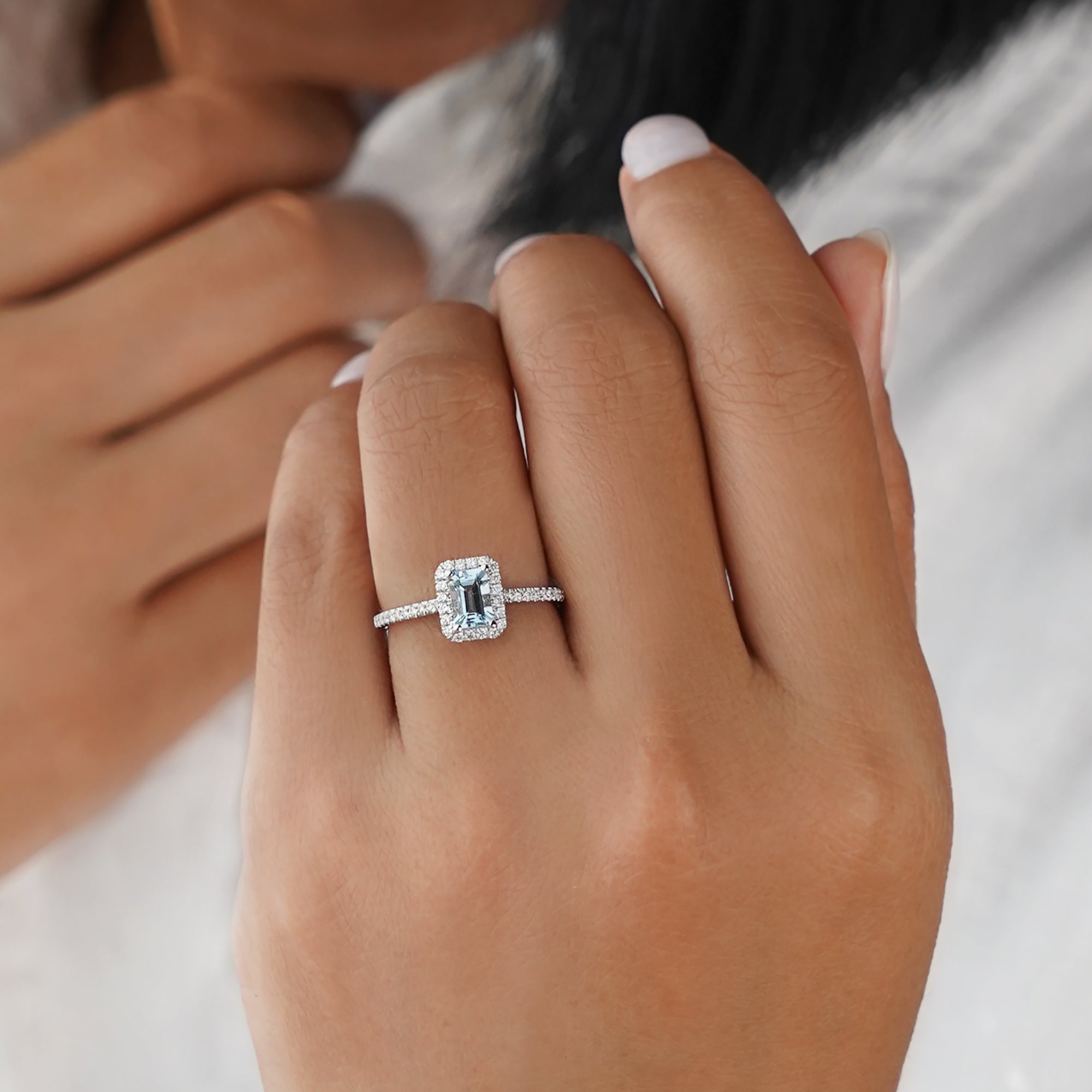 Aquamarine & Halo Natural Diamond Ring - Solid 18k White Gold | BITS OF BALI JEWELRY