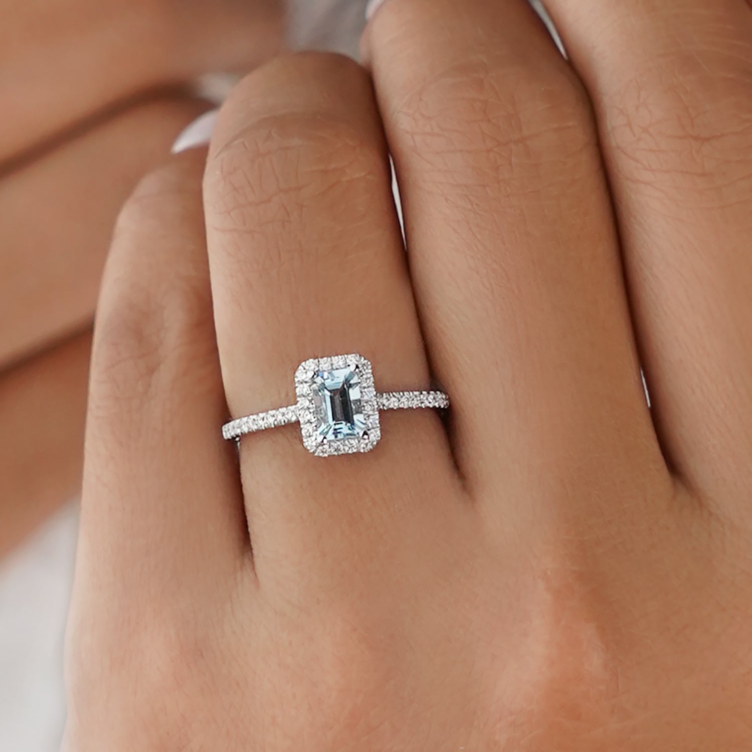 Aquamarine & Halo Natural Diamond Ring - Solid 18k White Gold | BITS OF BALI JEWELRY