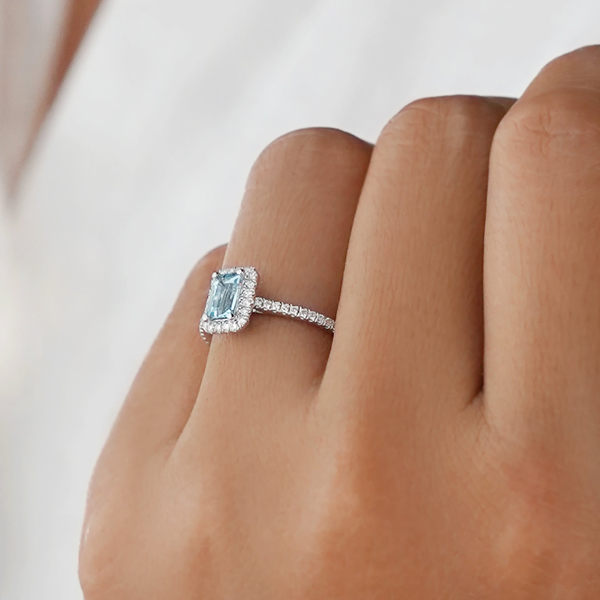 Aquamarine & Halo Natural Diamond Ring - Solid 18k White Gold | BITS OF BALI JEWELRY