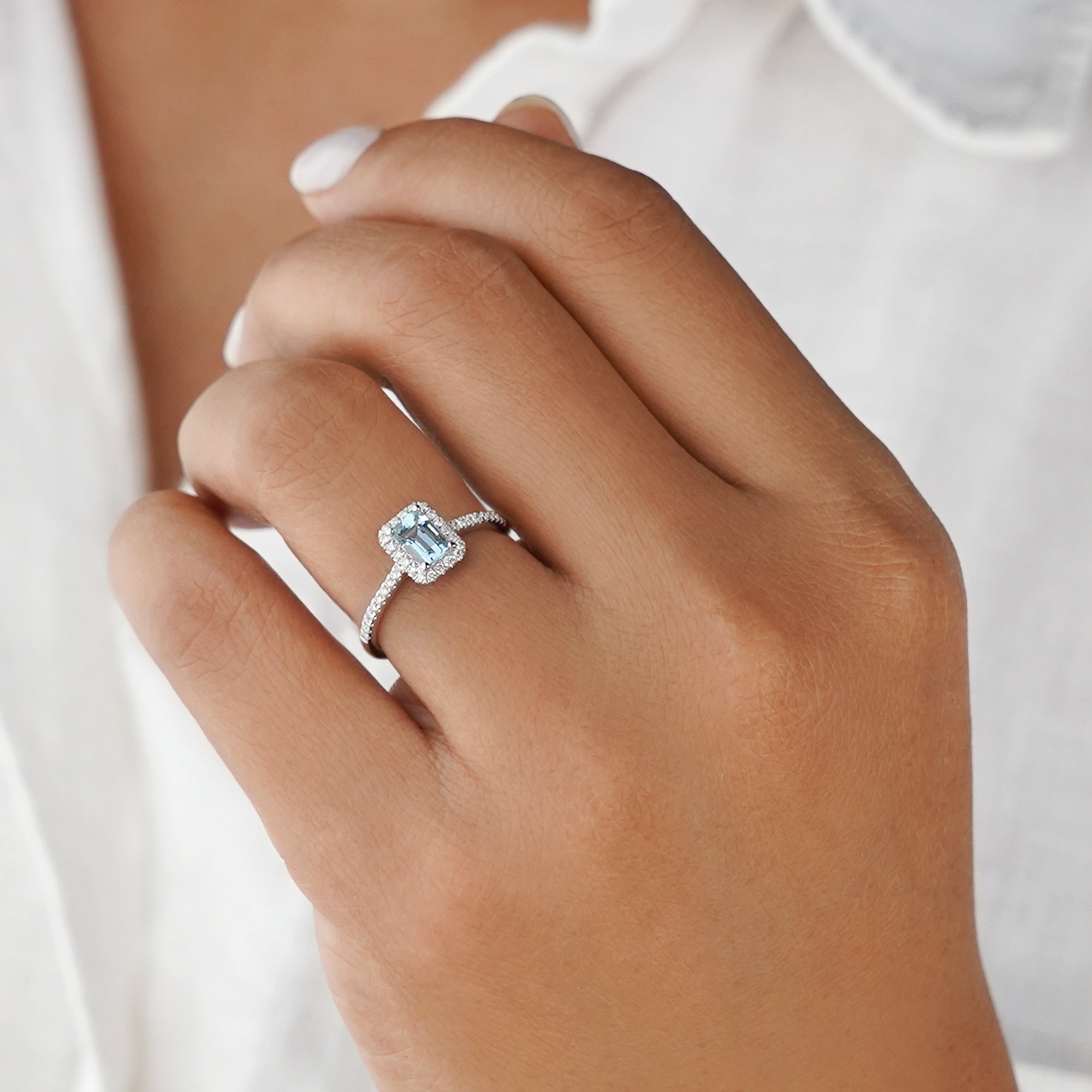 Aquamarine & Halo Natural Diamond Ring - Solid 18k White Gold | BITS OF BALI JEWELRY