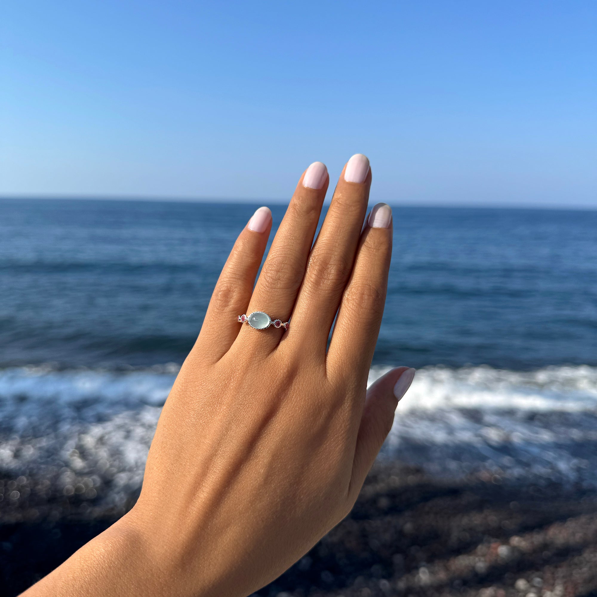 Aquamarine & Pink Tourmaline Ring - Sterling SIlver