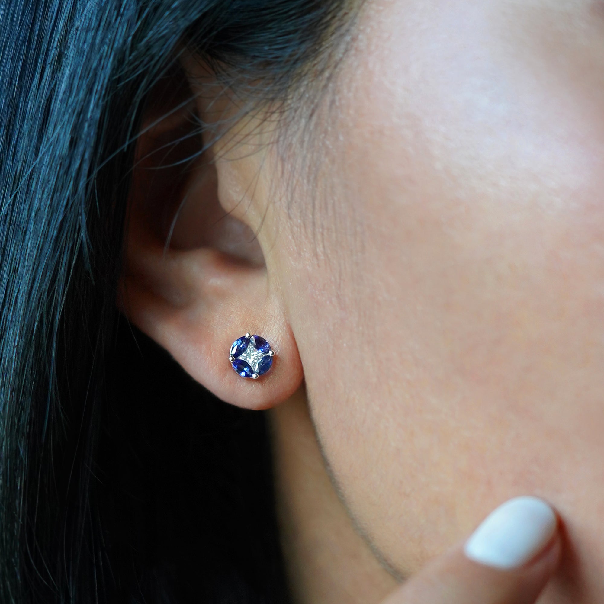 Marquise Blue Sapphire & Diamond Earrings - Solid 18K White Gold | BITS OF BALI JEWELRY