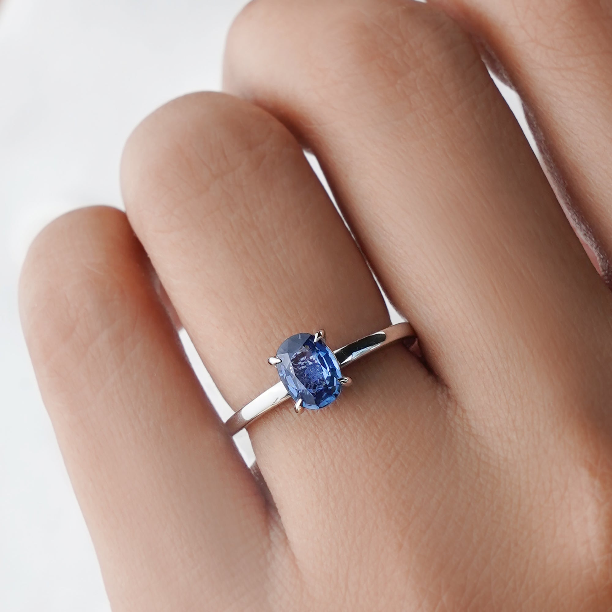 Oval Blue Sapphire Sapphire Ring Solid 14K White Gold
