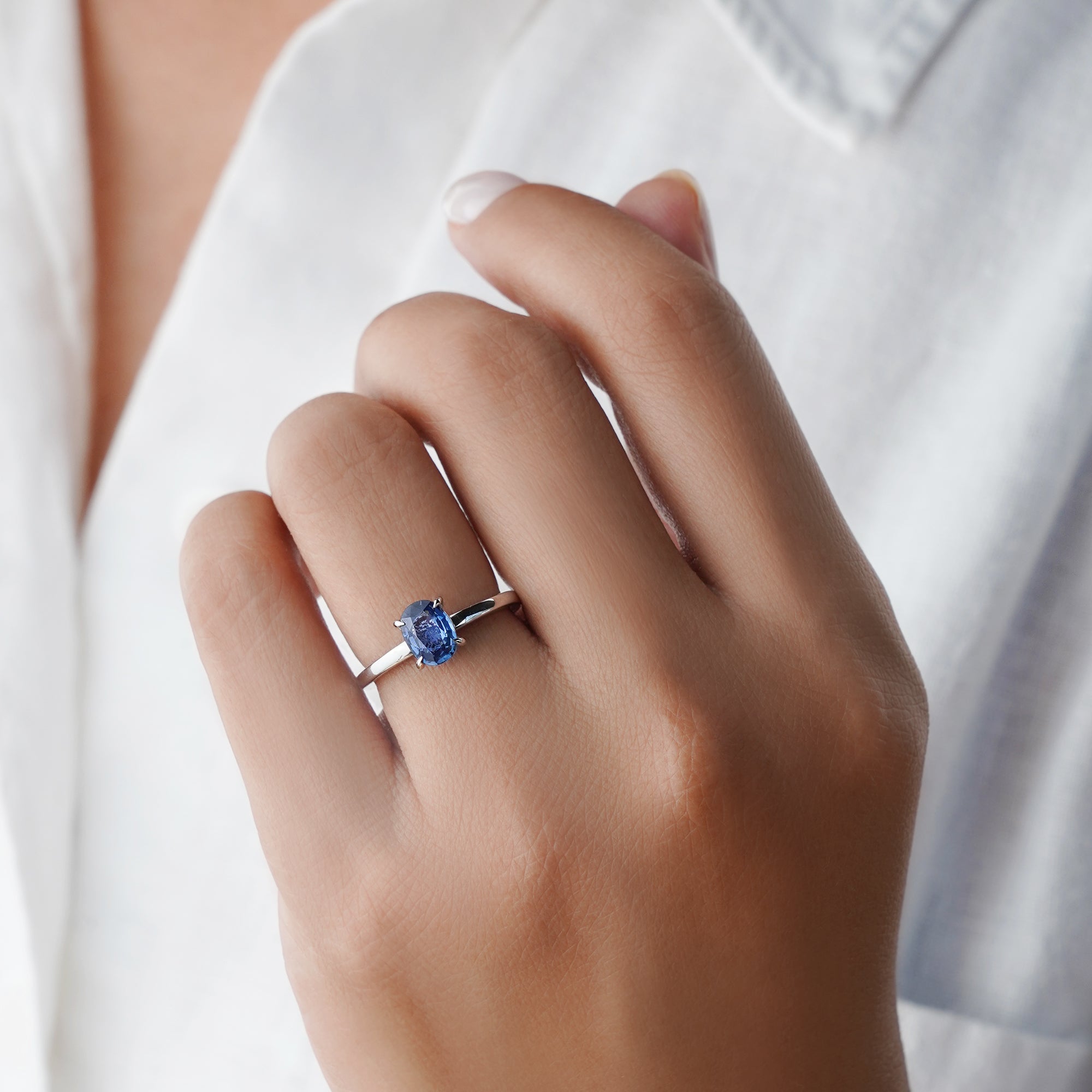 Oval Blue Sapphire Sapphire Ring - Solid 14K White Gold | BITS OF BALI JEWELRY
