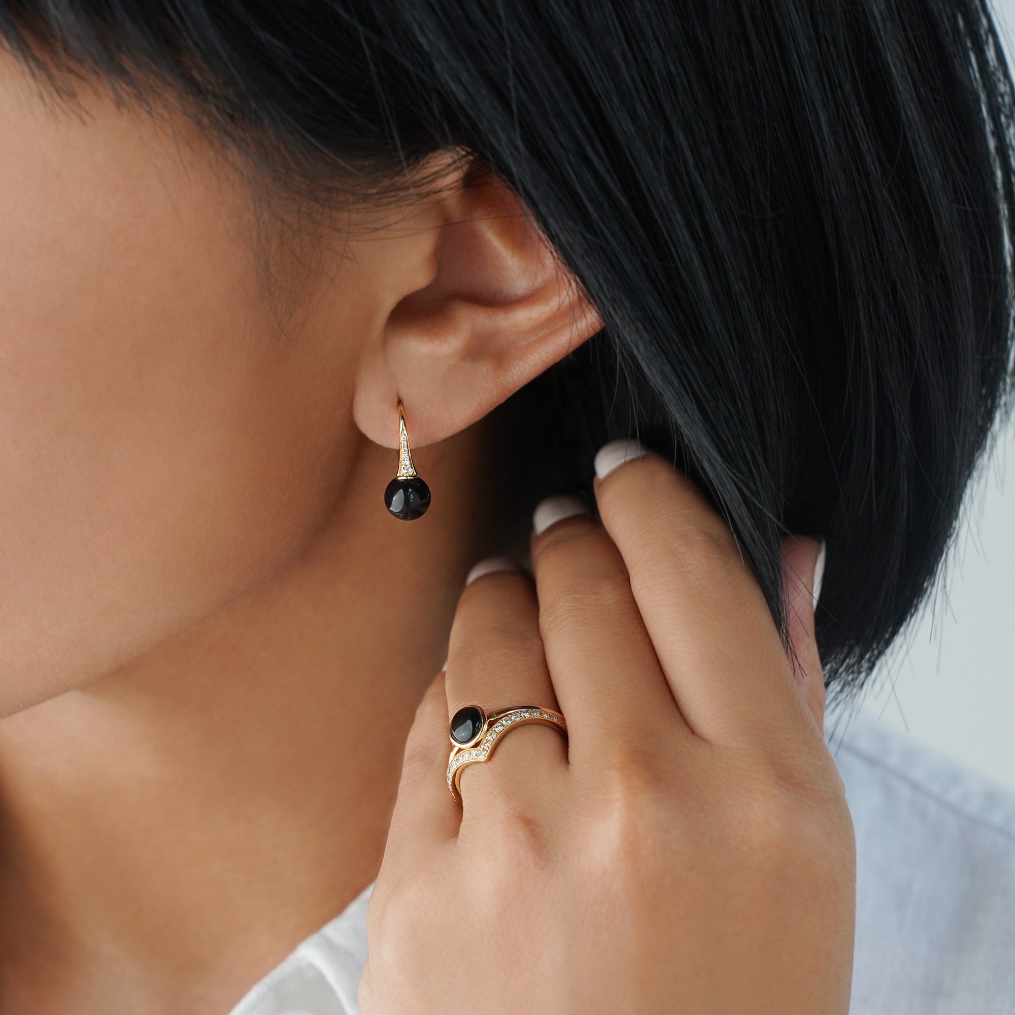 Black Onyx Drop Earrings & Natural Diamonds - Solid 14K Yellow Gold. | BITS OF BALI JEWELRY