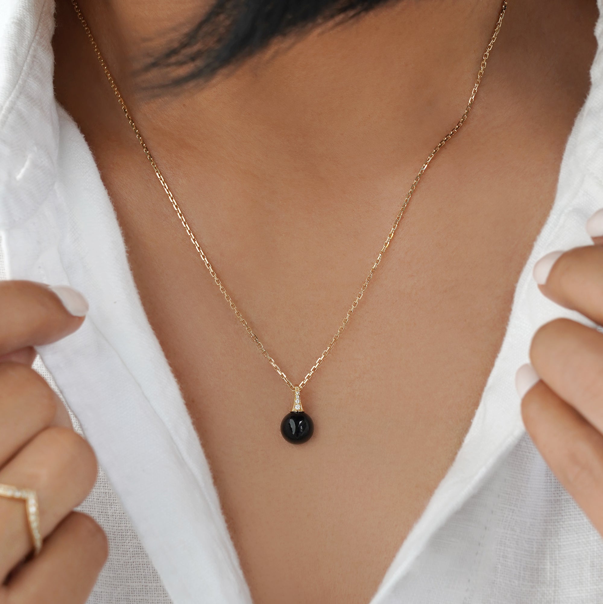 Black Onyx Drop Pendant & Natural Diamonds - Solid 14K Yellow Gold | BITS OF BALI JEWELRY