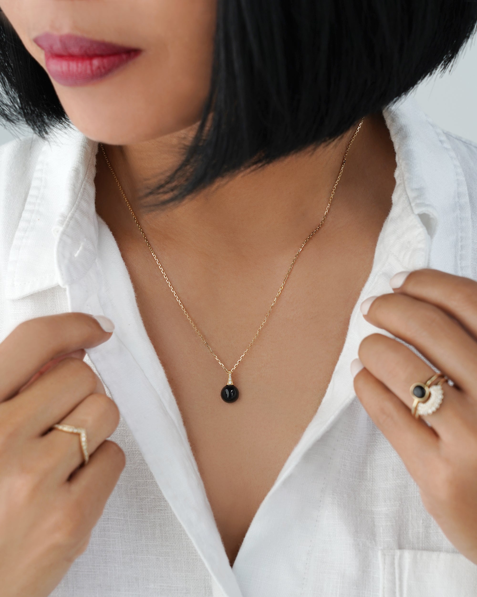 Black Onyx Drop Pendant & Natural Diamonds - Solid 14K Yellow Gold | BITS OF BALI JEWELRY