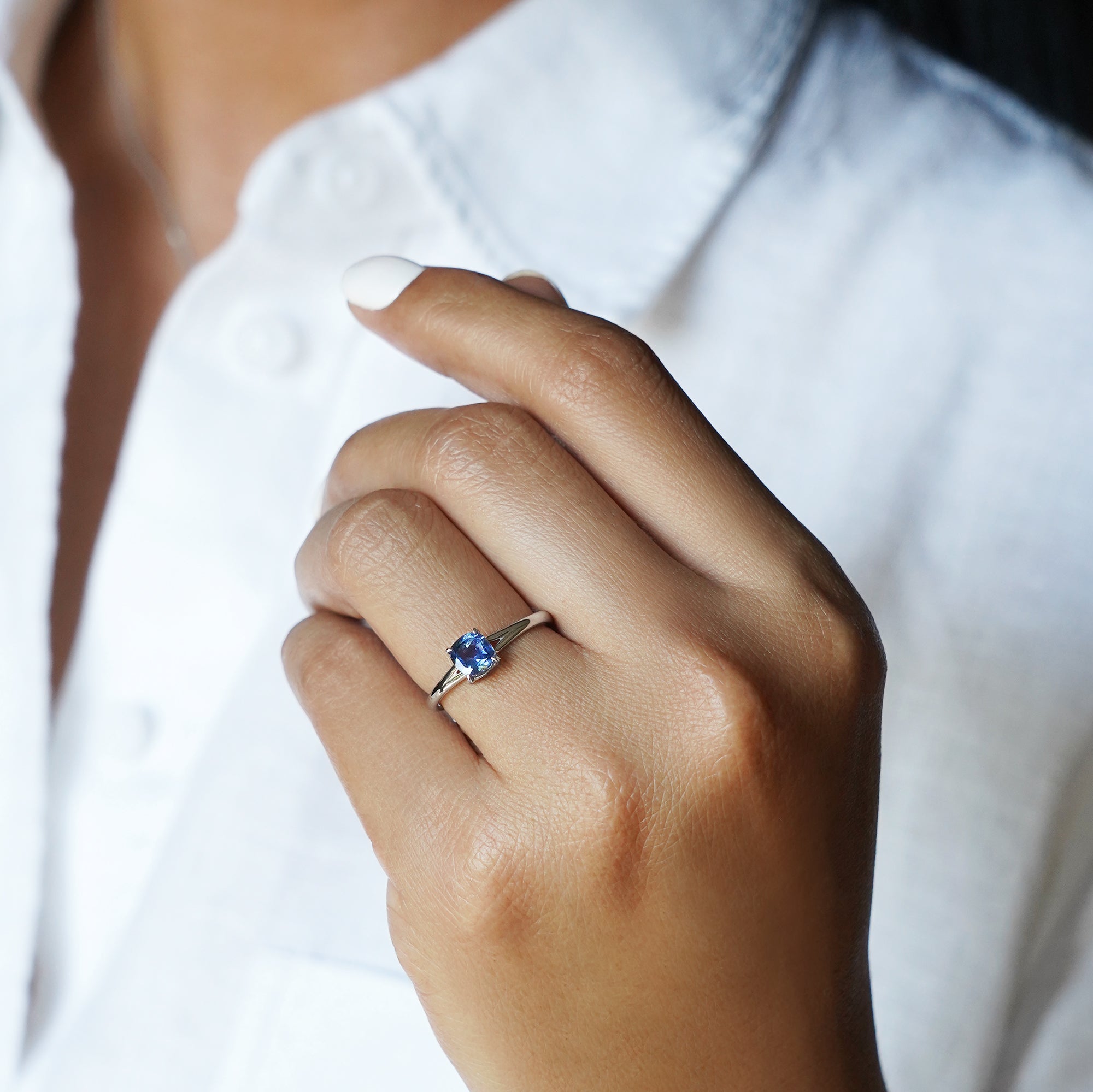 Double Shank Blue Sapphire Ring - Solid 14K White Gold | BITS OF BALI JEWELRY