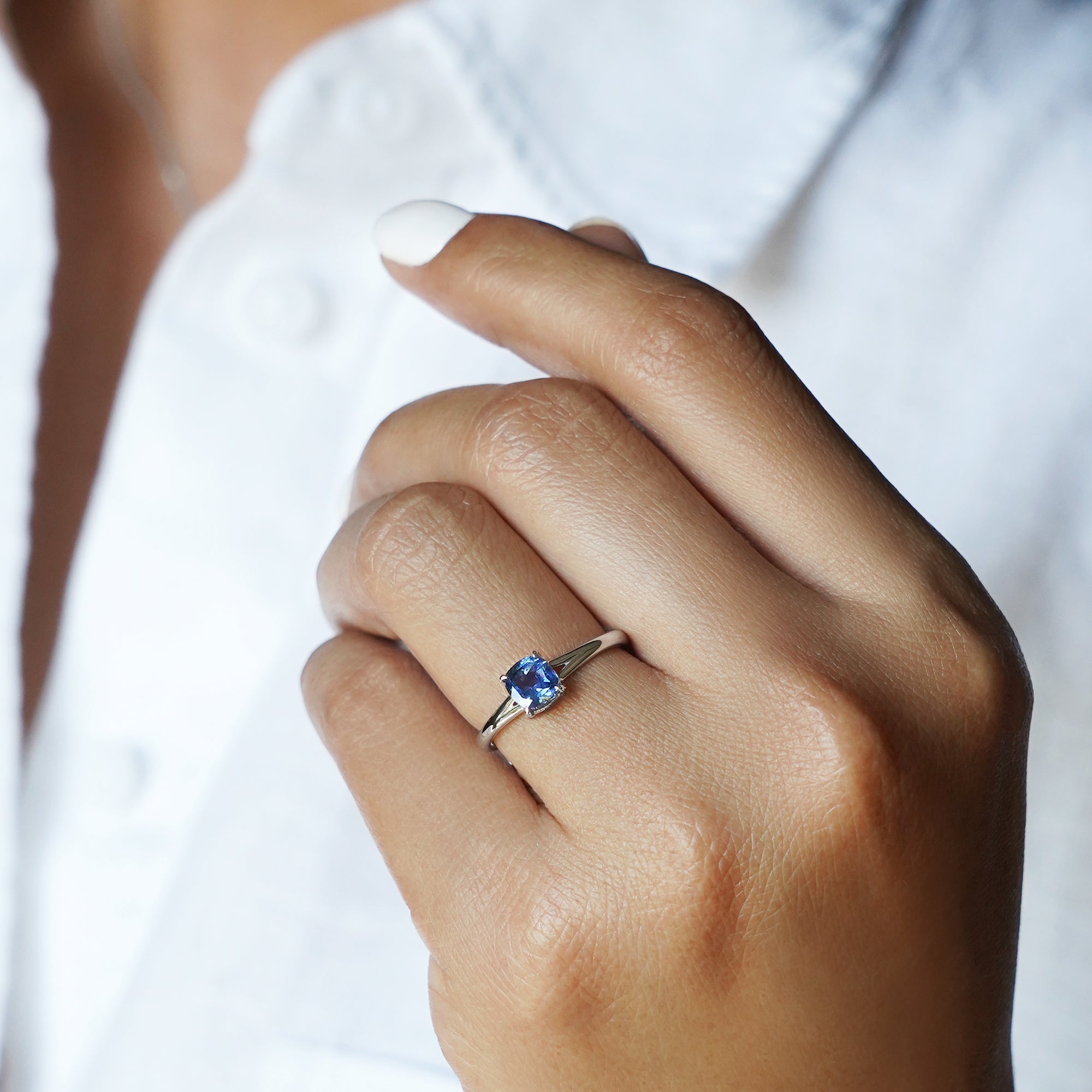 Double Shank Blue Sapphire Ring - Solid 14K White Gold | BITS OF BALI JEWELRY