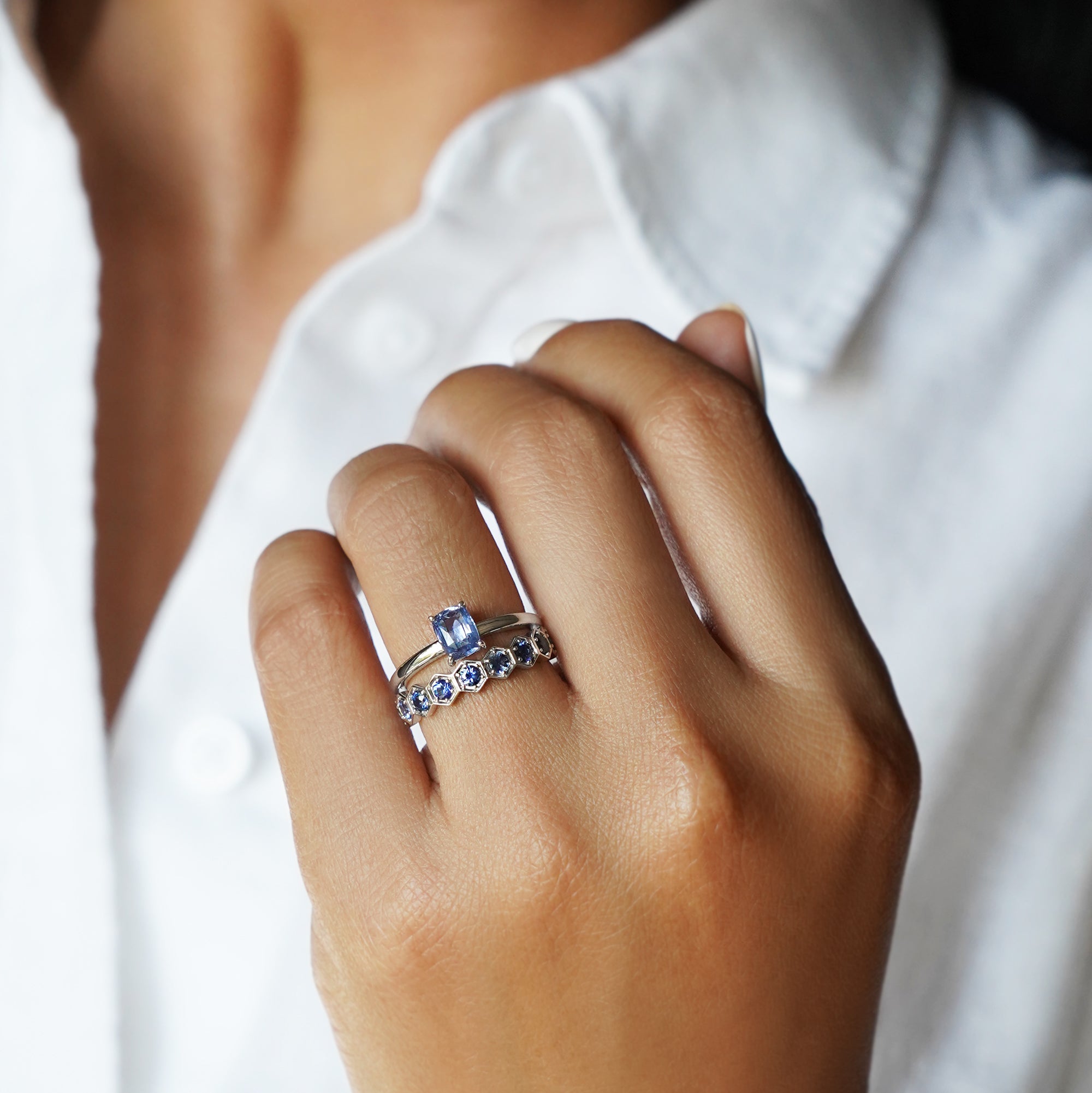 Blue Sapphire Long Cushion Cut Ring - Solid 14K White Gold | BITS OF BALI JEWELRY