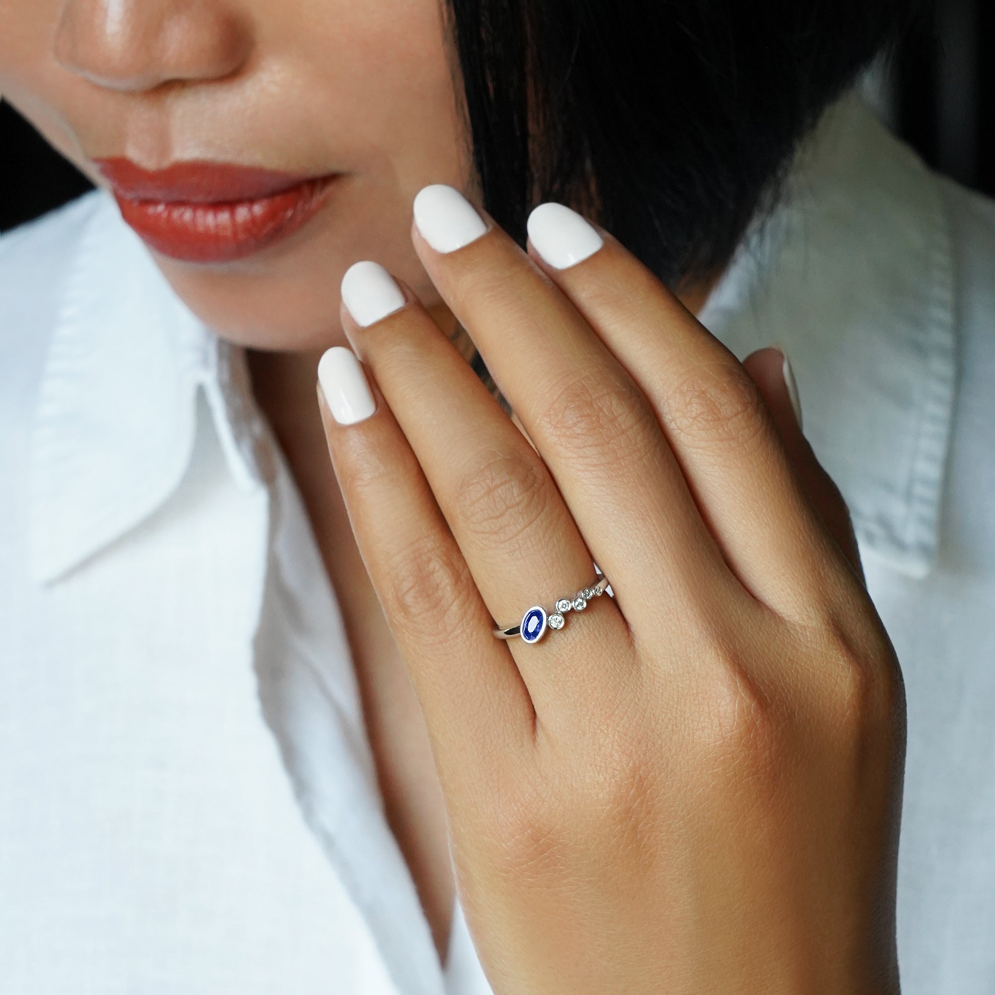 Oval Blue Sapphire & 5 Diamond Ring - Solid 14K White Gold | BITS OF BALI JEWELRY