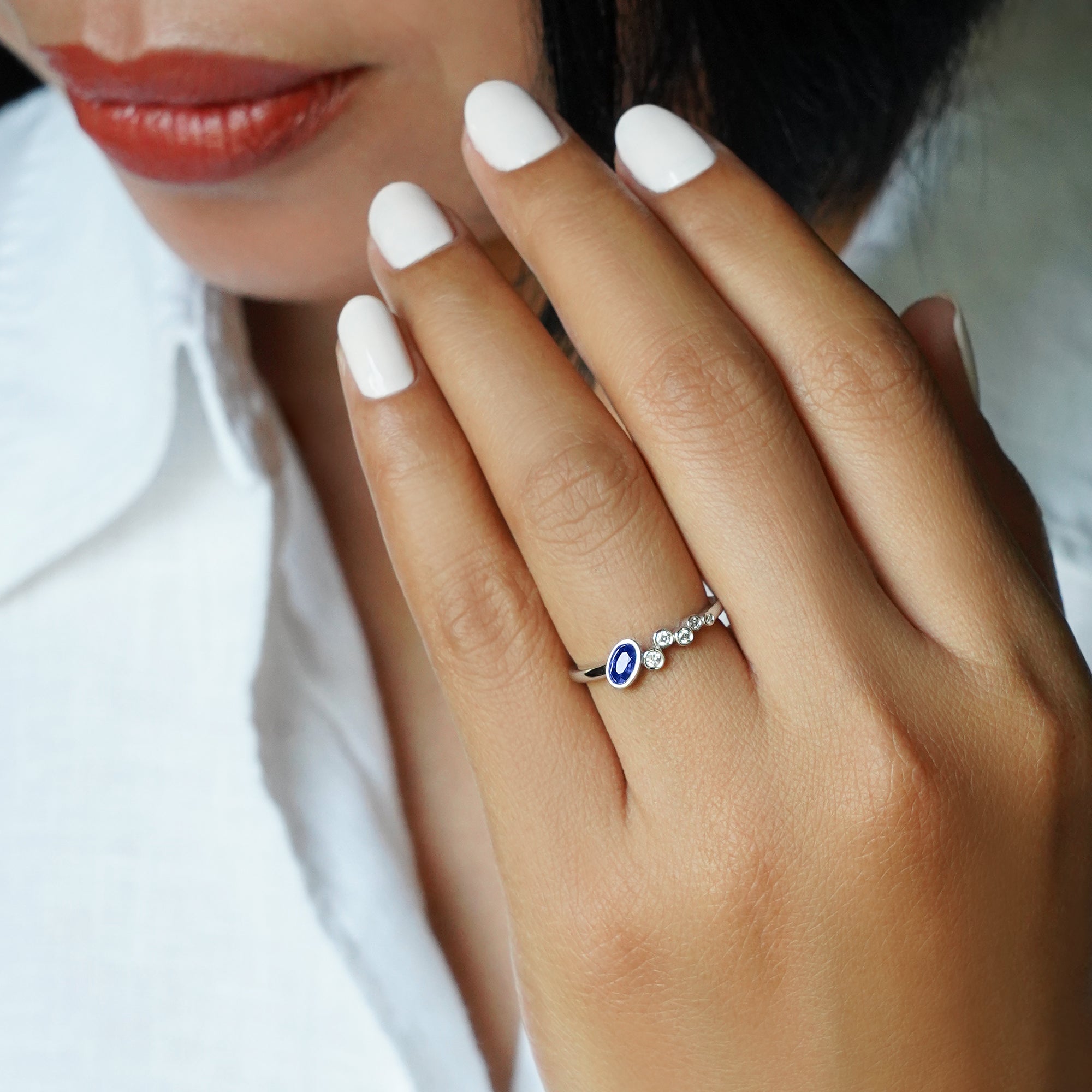 Oval Blue Sapphire & 5 Diamond Ring - Solid 14K White Gold | BITS OF BALI JEWELRY