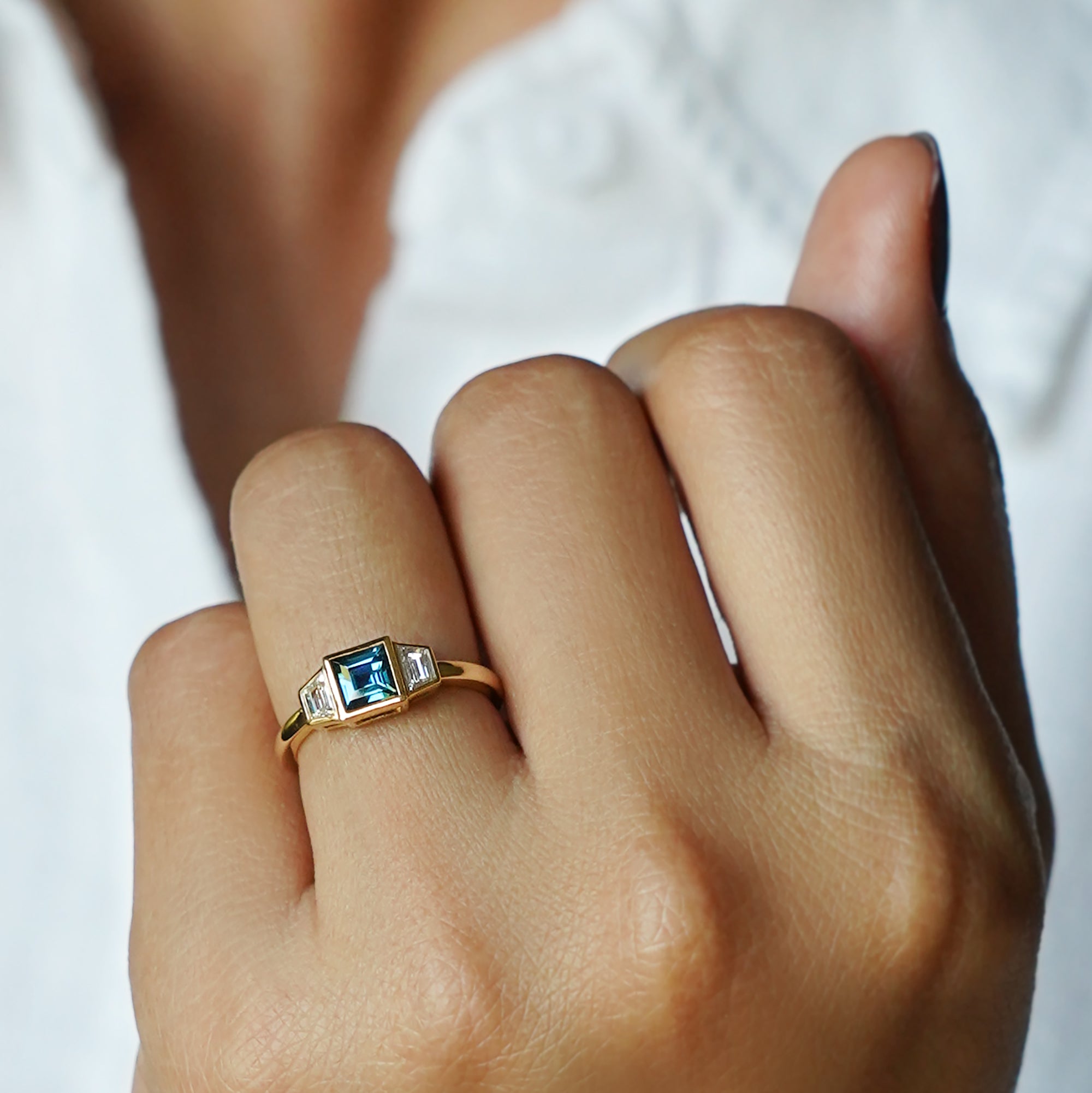 Bezel Teal Sapphire With Trapezoid Side Diamond Ring - Solid 14K Yellow Gold | BITS OF BALI JEWELRY