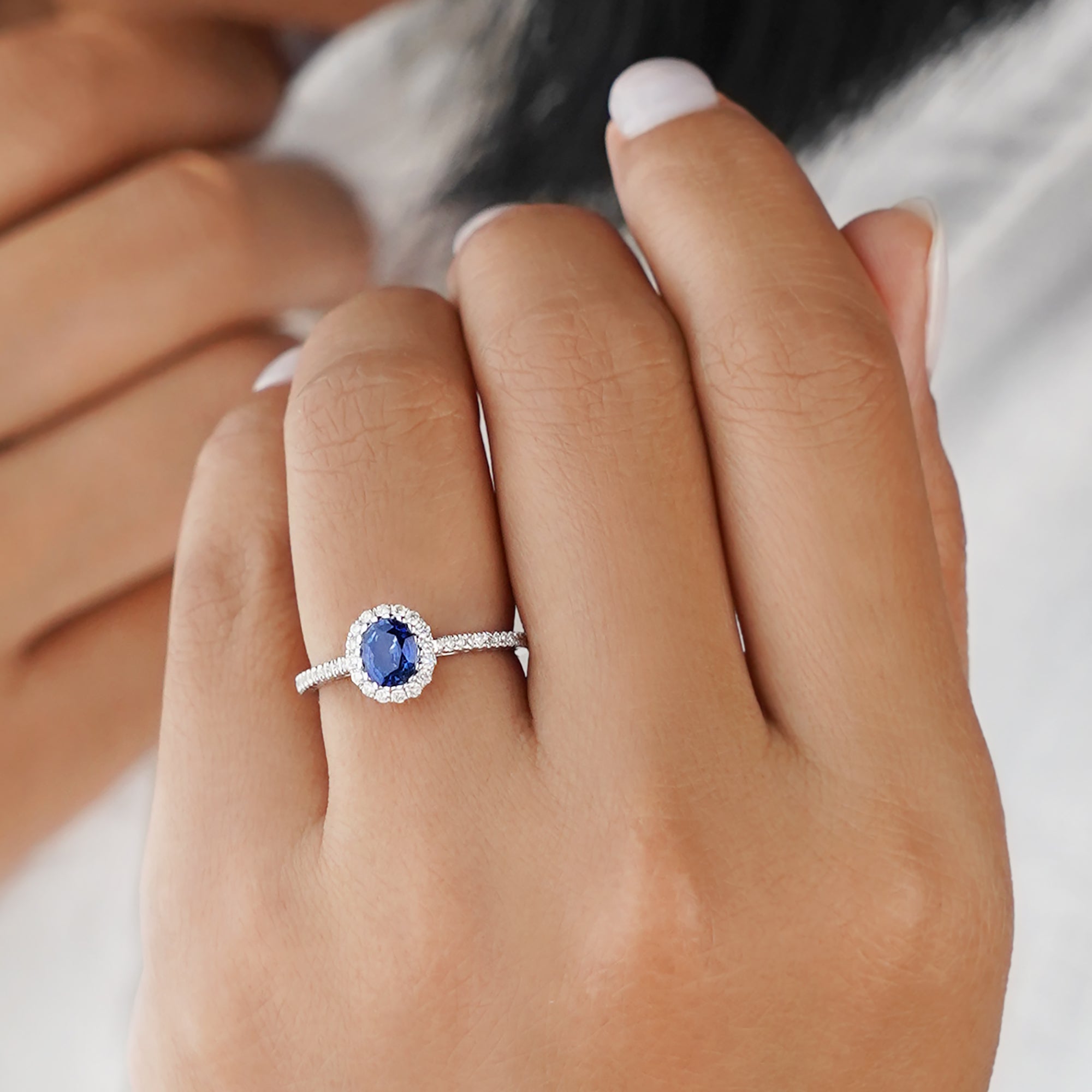 Blue Sapphire With Halo & Shank Diamond Ring - Solid 18k White Gold | BITS OF BALI JEWELRY