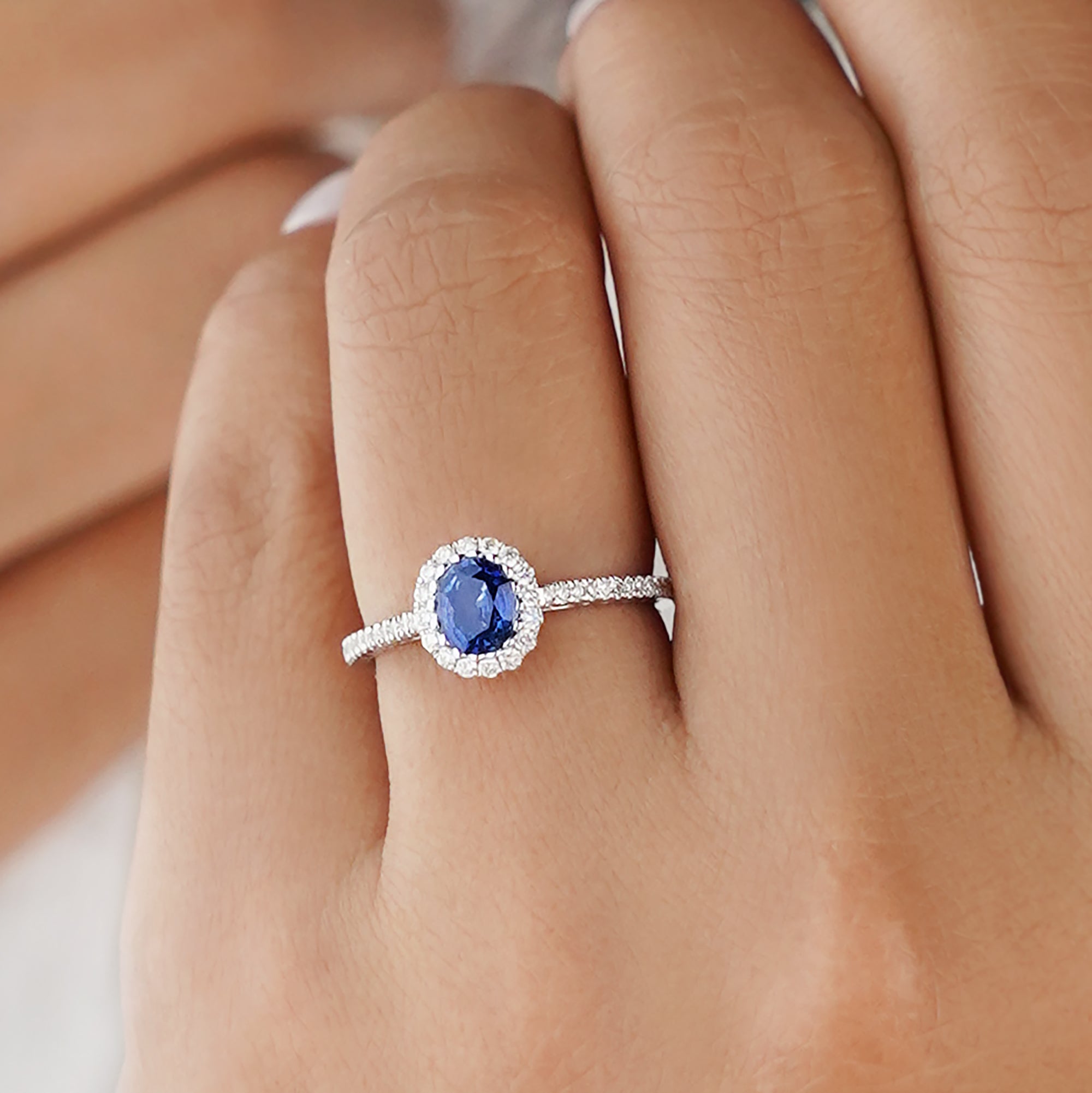 Blue Sapphire With Halo & Shank Diamond Ring - Solid 18k White Gold | BITS OF BALI JEWELRY