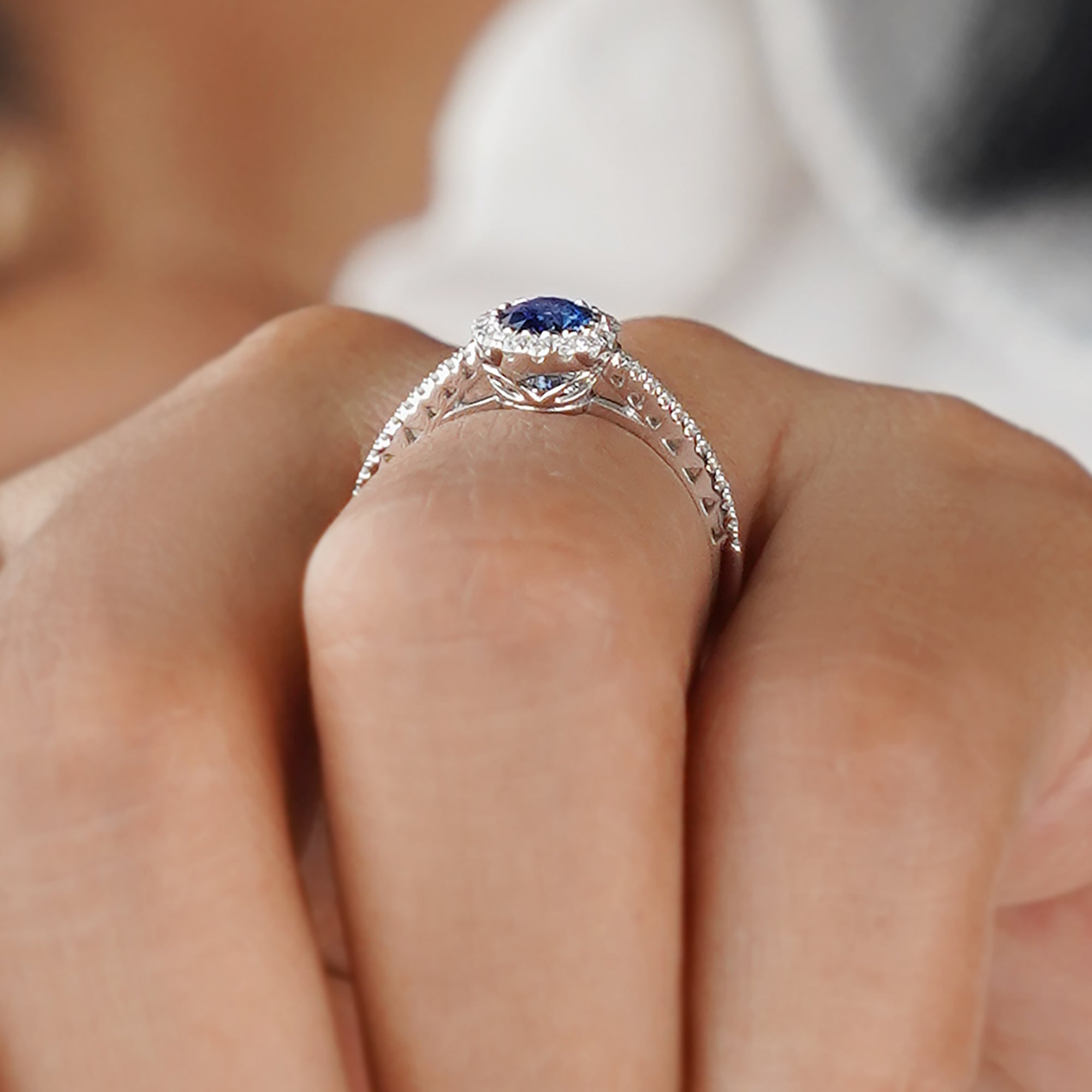 Blue Sapphire With Halo & Shank Diamond Ring - Solid 18k White Gold | BITS OF BALI JEWELRY