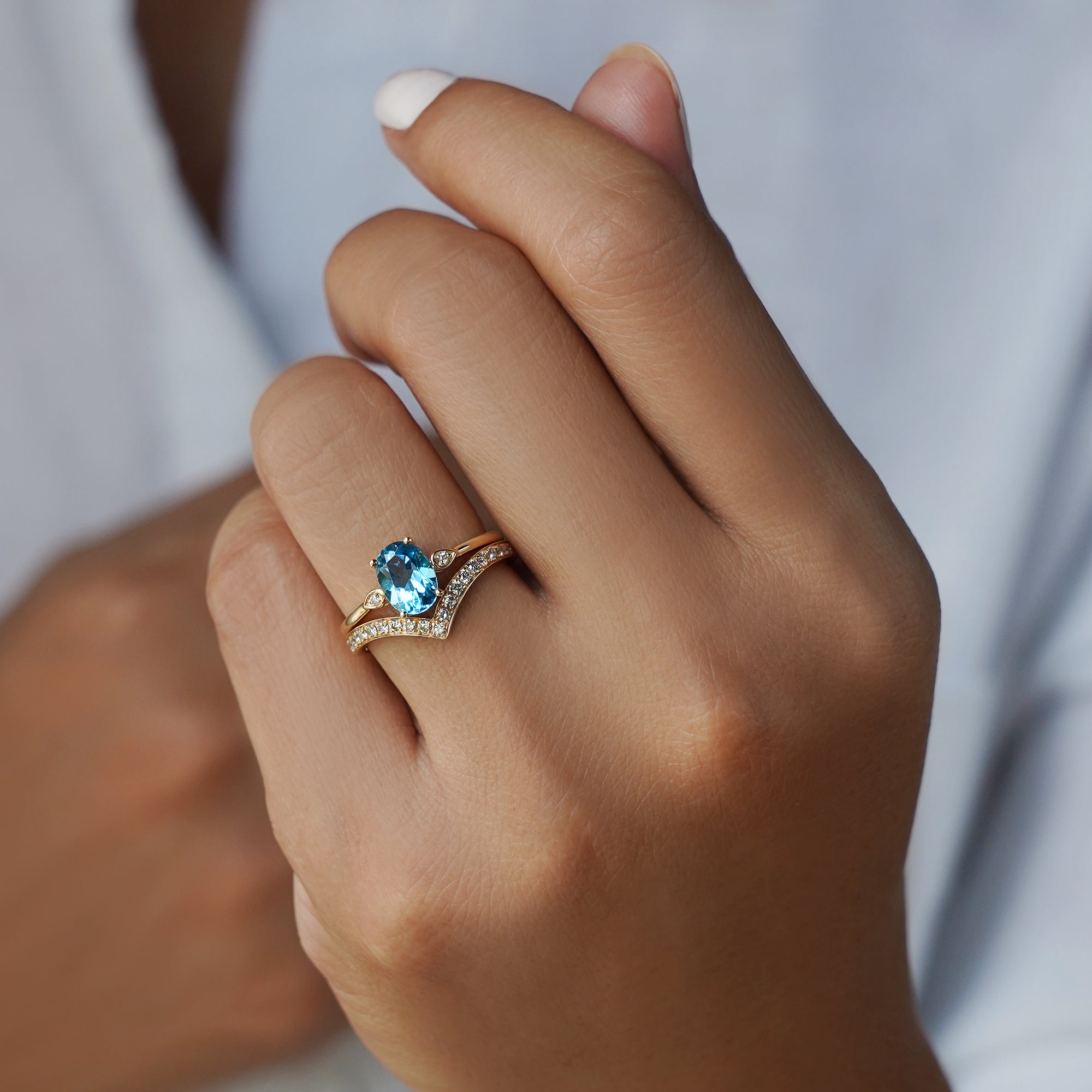 Blue Topaz Oval & Natural Diamond Ring - Solid 14K Yellow Gold | BITS OF BALI JEWELRY